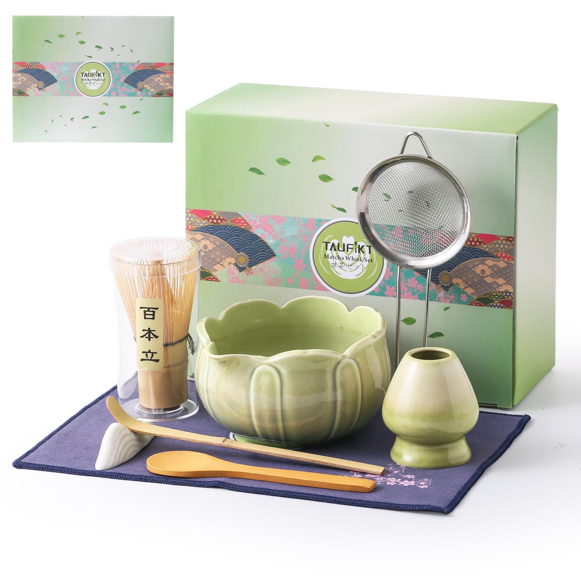 TAUFIKT Matcha Whisk Set, Ceramic Matcha Set 8 Pcs, Matcha Kit Set Includes Matcha Bowl, Matcha Whisk and Holder, Bamboo Scoop and Rest, Sifter and Tea Towel, Ideal Gift for Family/Friend (Green)