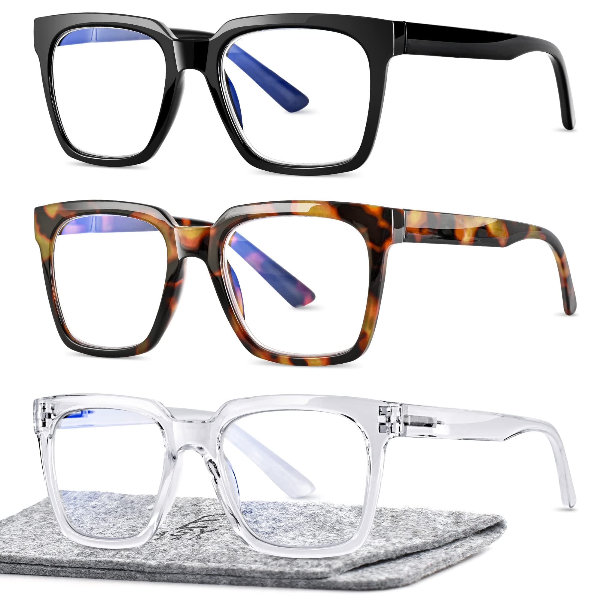 EASY READ 3 Pairs Reading Glasses for Women, Squre Blue Light Blocking Anti UV Readers with Spring Hinge, Ultralight Fashion Computer Eyewear (Magnification 2.75,Black,Tortoise,Clear)