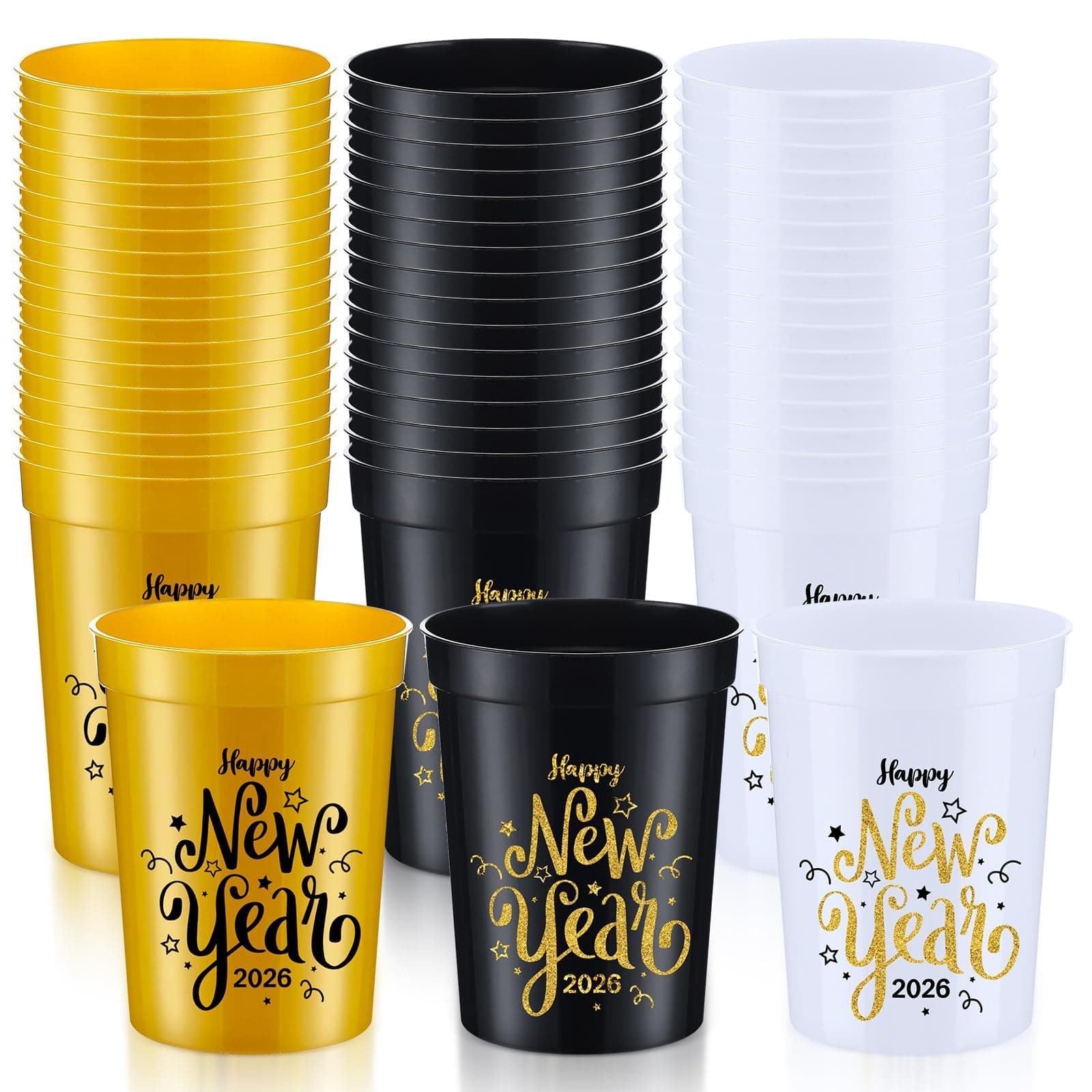 Jingmore 48 Pcs Happy New Year Party Cups 2025 New Years Eve Plastic Cups 8 oz New Year Disposable Cups Black Gold White Reusable New Year's Eve Cups for Happy New Year Holiday Party Supplies