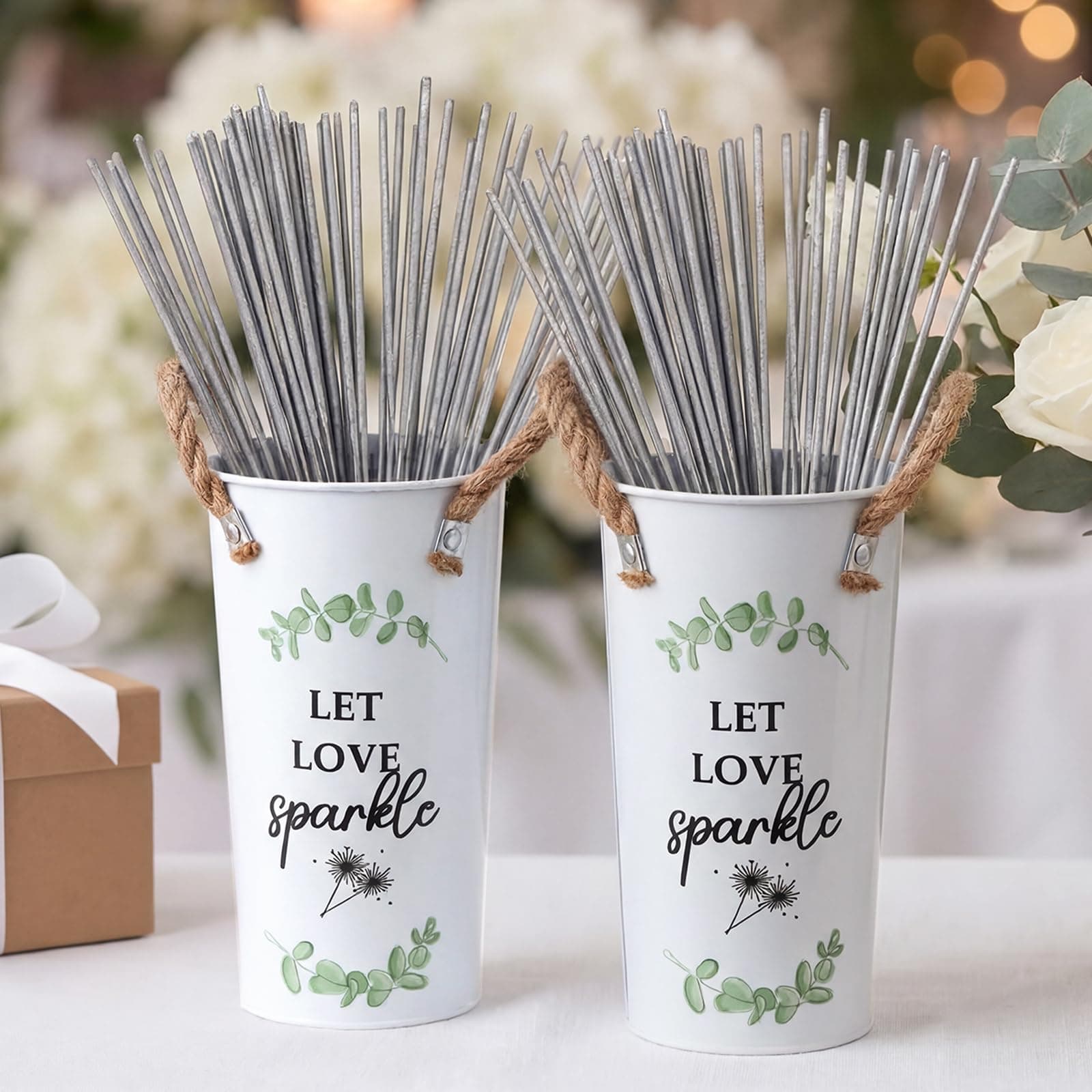 Jingmore 2 Pcs Wedding Sparklers Galvanized Metal Buckets 9.8 Inch Let Love Sparkle Sparklers Wedding Send Off Buckets for Anniversary Engagement Bridal Shower, Excluded Sparkler(Eucalyptus Leaves)