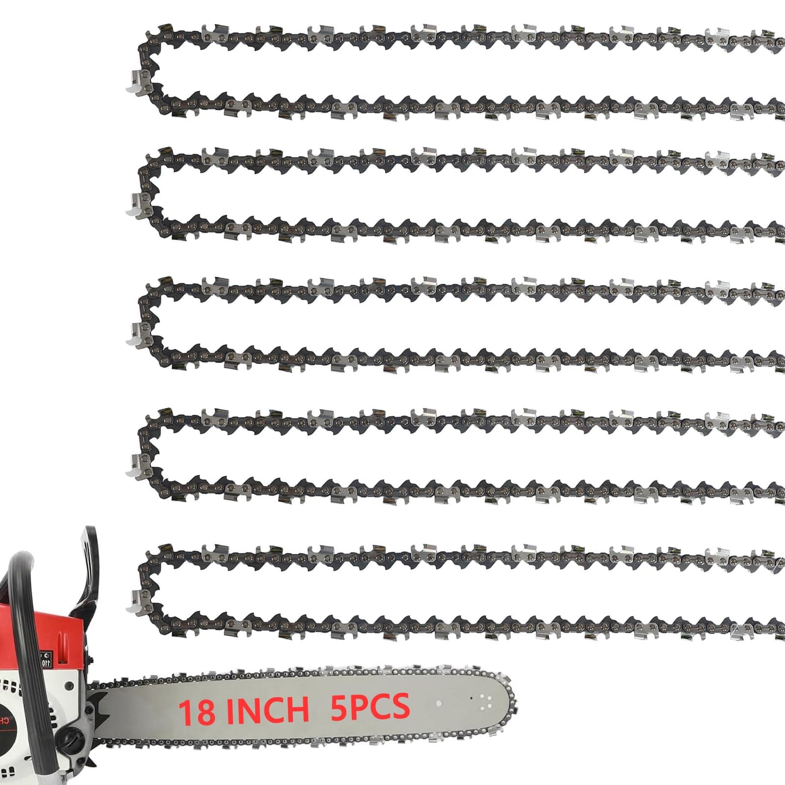 5Pack 18 Inch Chainsaw Chain 3/8" LP Pitch .050" Gauge 62 Drive Links Fits Poulan Pro 051338, EGO AC1800, Greenworks, Echo, Kobalt, Remington, Craftsman, McCulloch, Ryobi, and More