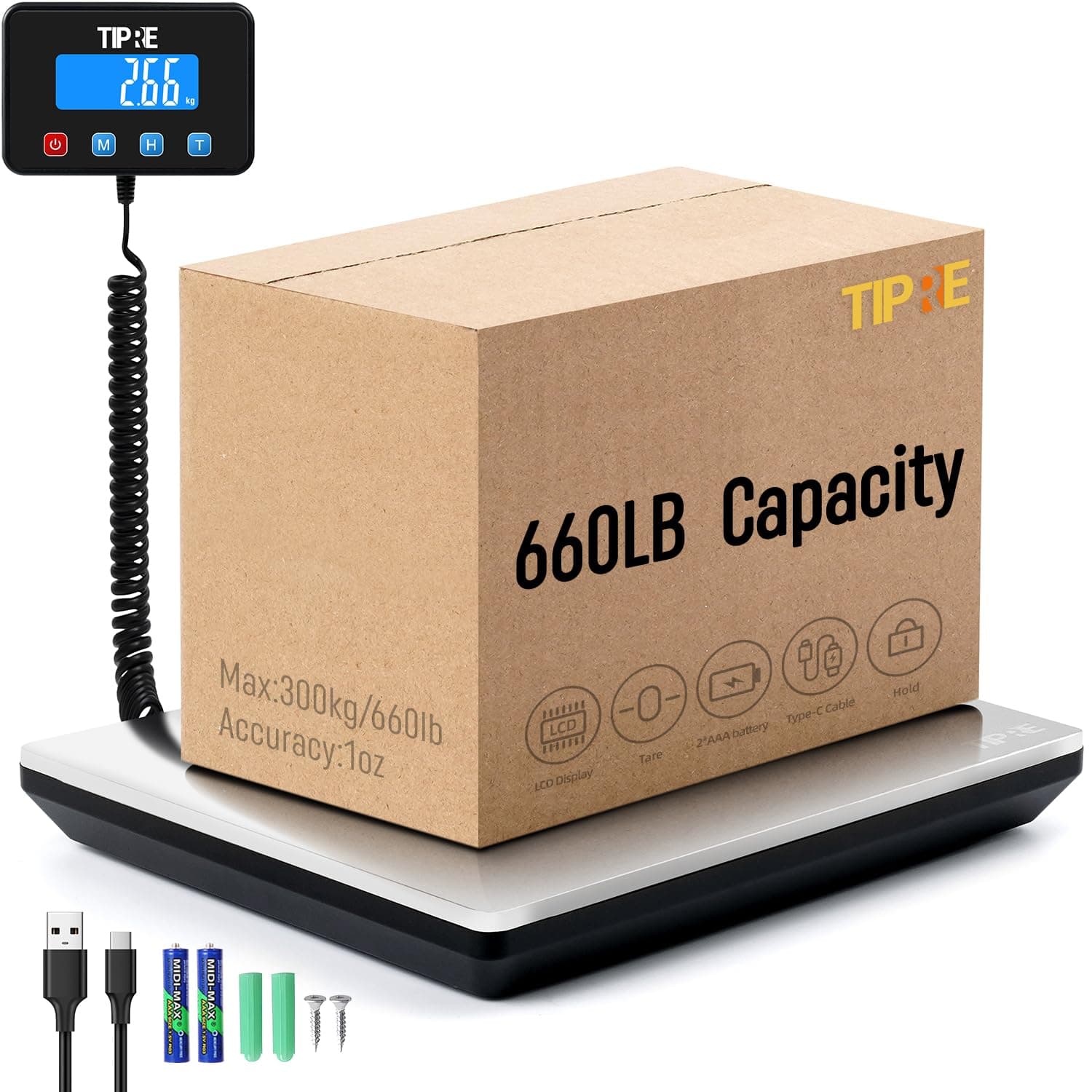 TIPRE Digital Shipping Postal Scale 660lb/1oz Accuracy! Heavy Duty Postage Scale Extra-Large Capacity Stainless Industrial Scale for Small Business, Warehouse, Home, Battery&Charging Cable Included