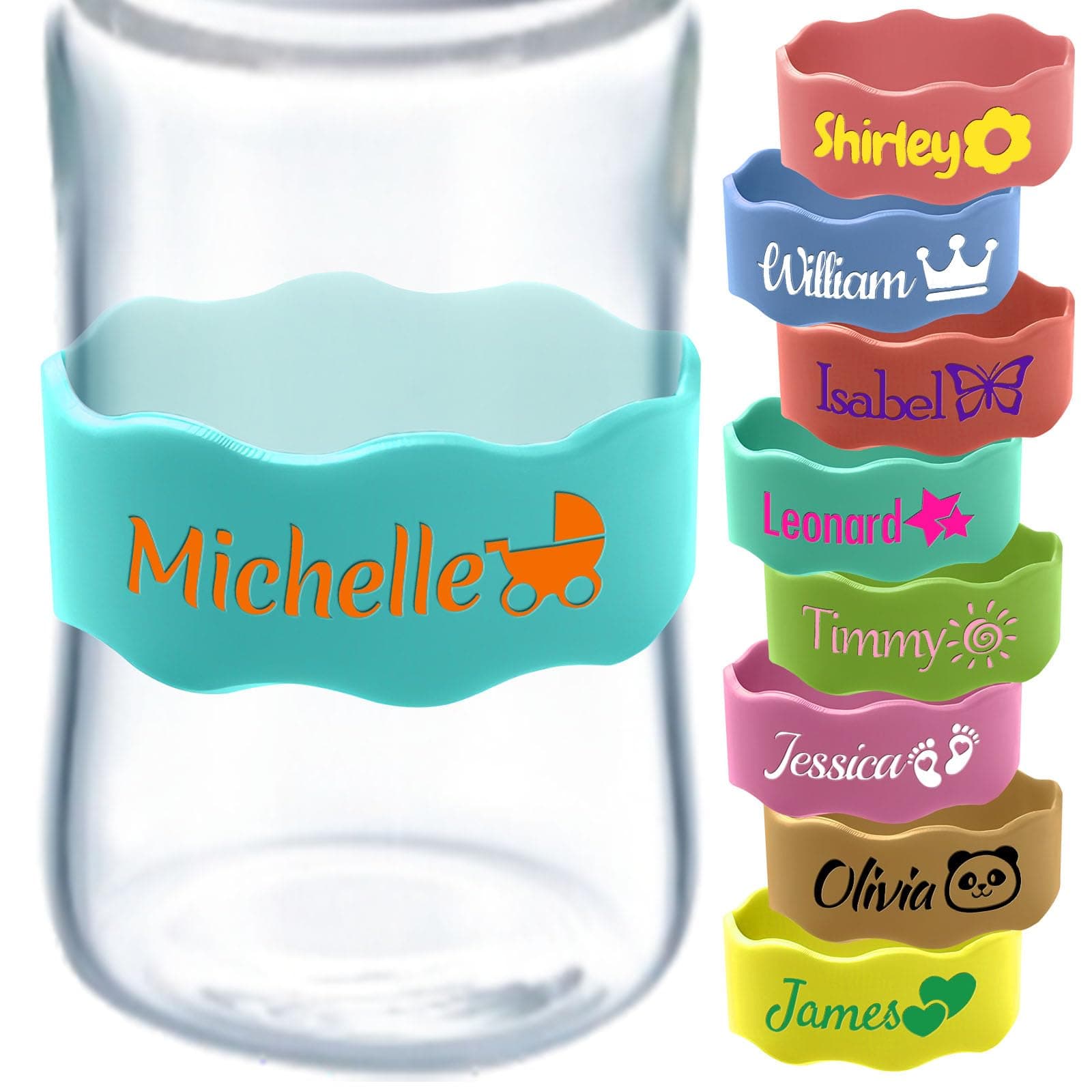 Custom Baby Bottle Labels Reusable Silicone Name Bands Personalized (up to 10Pcs) Waterproof Anti-Slip for Daycare Customized Newborn Girl Boy Kids Gift