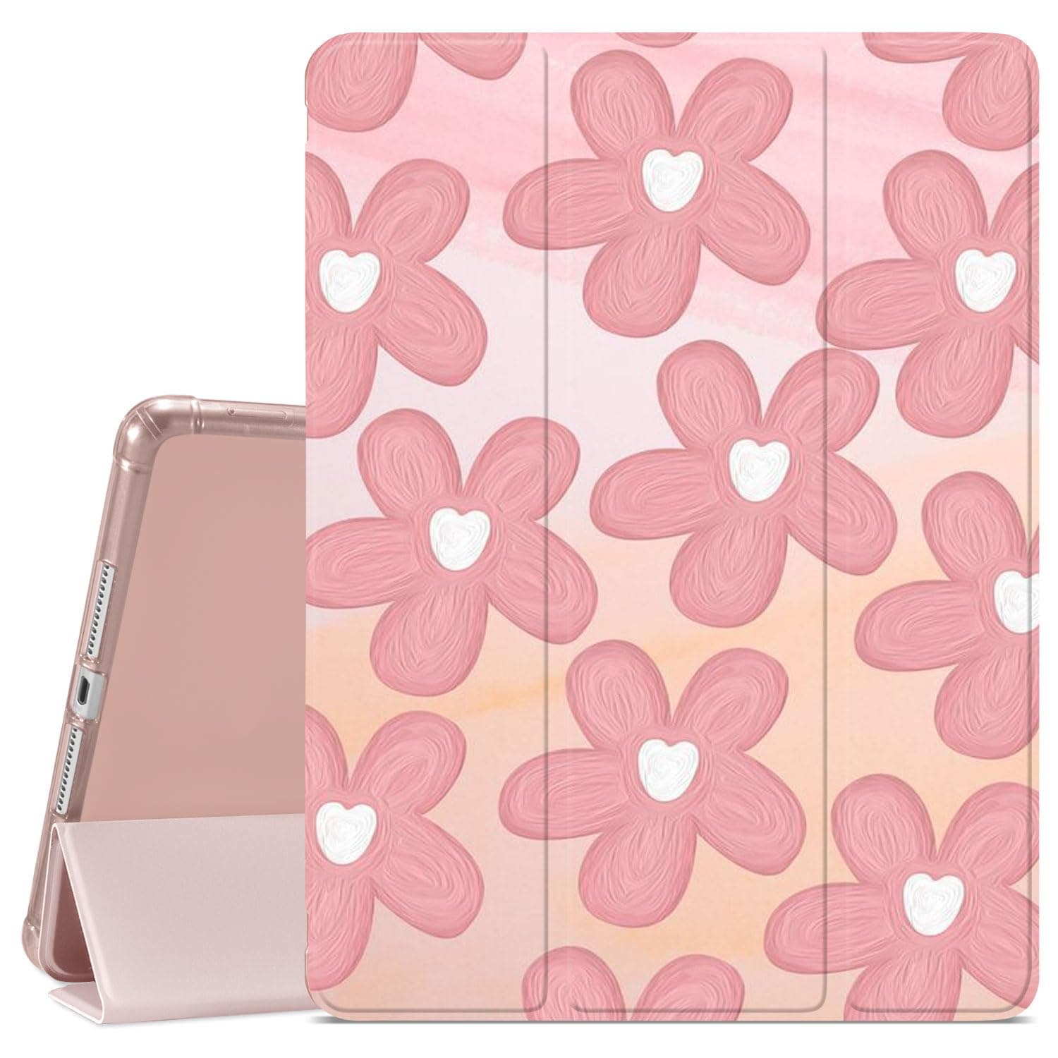 JOYLAND Pink Oil Painting Flowers Pattern Case for 12.9" iPad Pro 2018/2020/2021/2022, Pencil Holder & Clear Transparent Back & Trifold Smart Pad Pink Shell 12.9 Inch Scratchproof Case