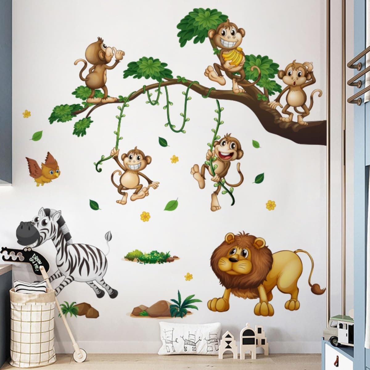 LOONELO Jungle Safari Wall Stickers – Peel & Stick 3D Cartoon Animal Decals with Tree Branches, Lion, Giraffe, Elephant, Zebra, Leopard, Monkey – Removable Vinyl Mural for Nursery Bedroom Decor