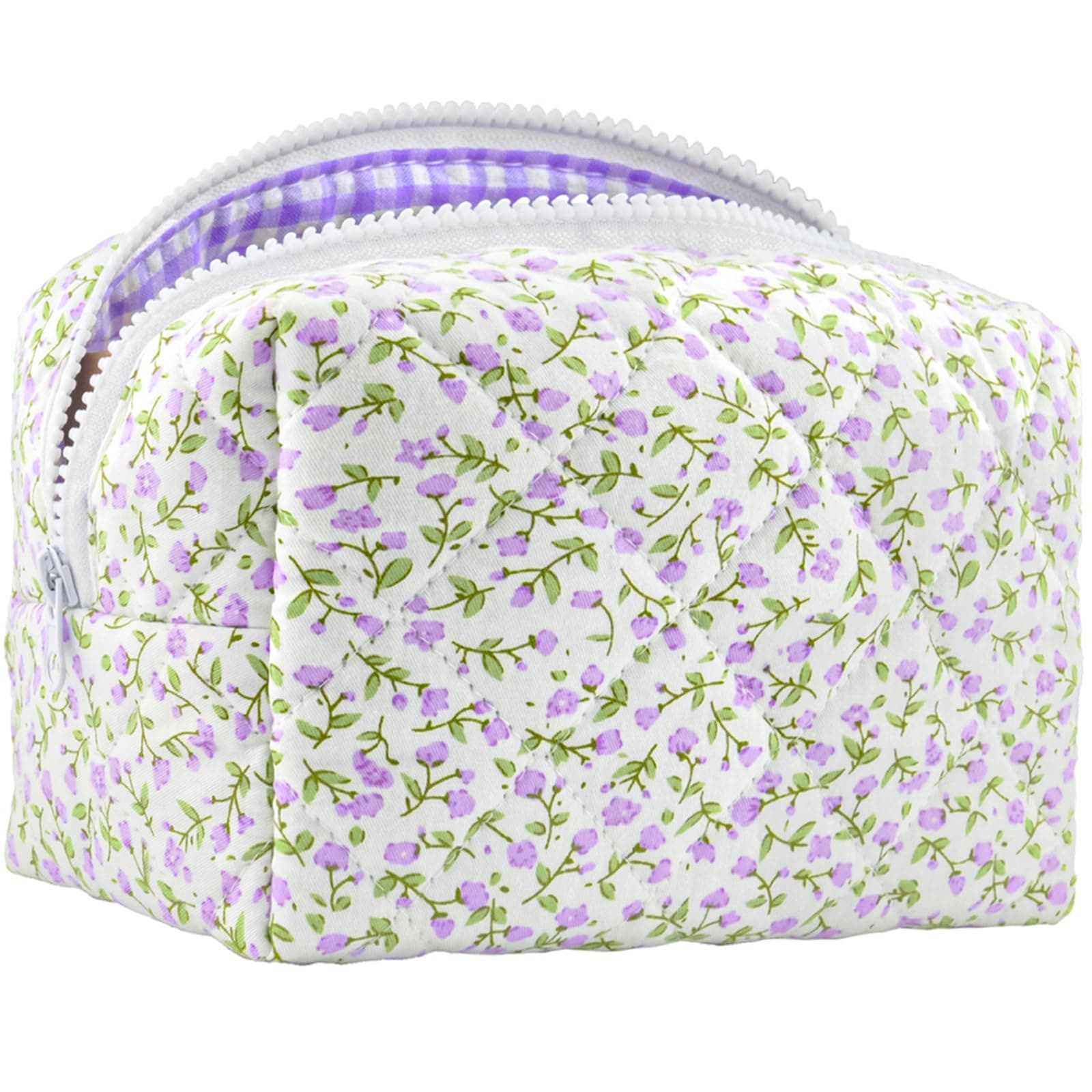 Sminra Makeup Bag Small Travel Quilted Cosmetic Bag Organizer, Floral Checkered Cotton Coquette Aesthetic Portable Pouch Purse Toiletry Bag for Women Girls accessories, Purple floral check-s, Floral