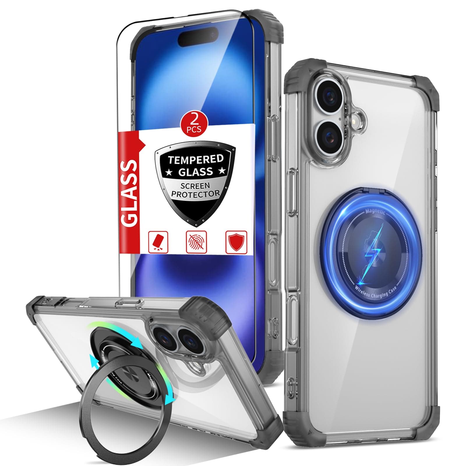 IYTRRYH Magnetic for iPhone 16 Case[Compatible with MagSafe Wireless Charging]with 2 Screen Protector,iPhone 16 Case Magnet with Kickstand Ring Military Grade Drop Protection Shockproof 16 Case Black