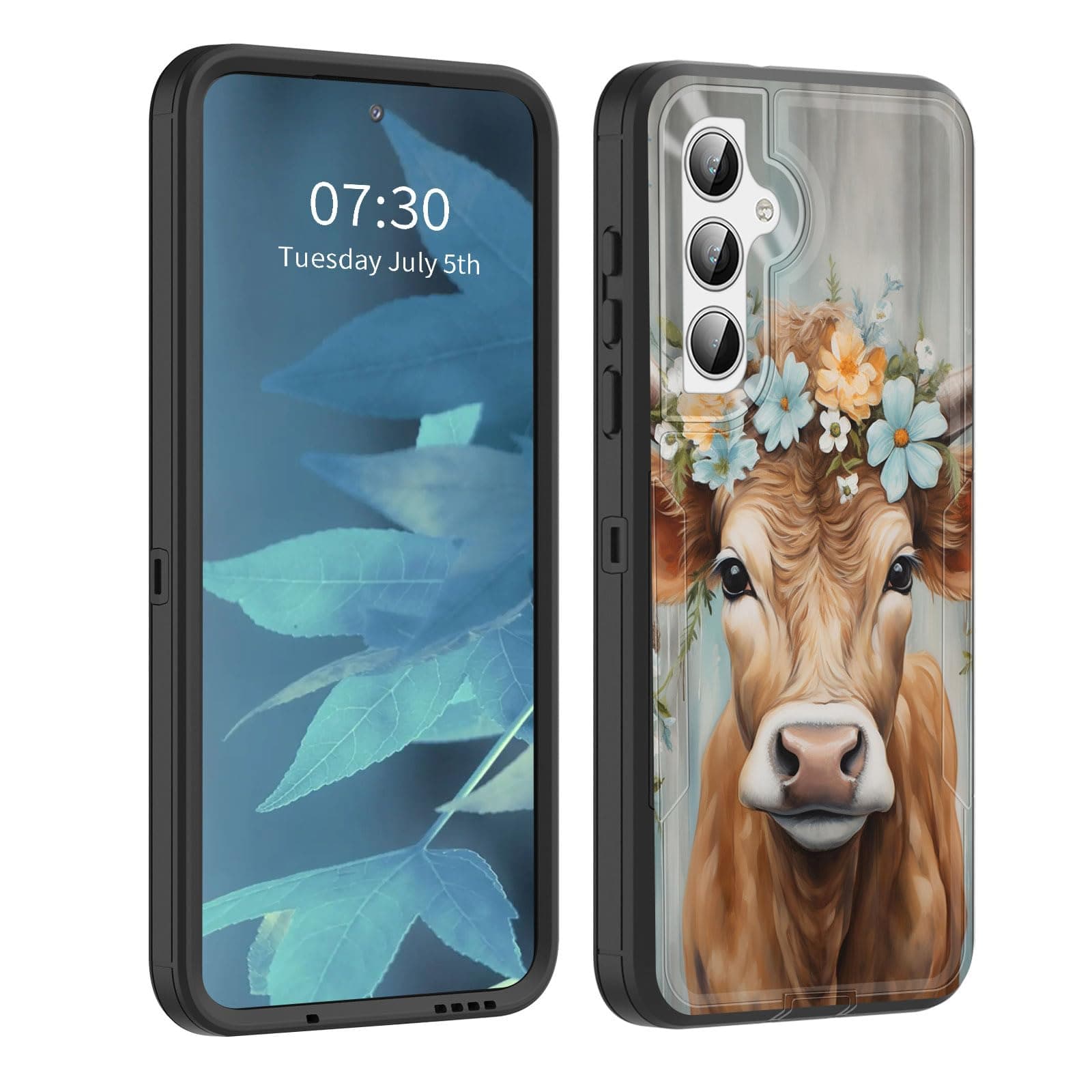 BFUKVOU for Galaxy S25 Case, Dust-Proof Port Cover, Full Body Silicone Rubber Covered, Non-Slip Drop-Proof Phone Case for Samsung Galaxy S25 6.2 inch 2025,Highland Cow with Floral Art