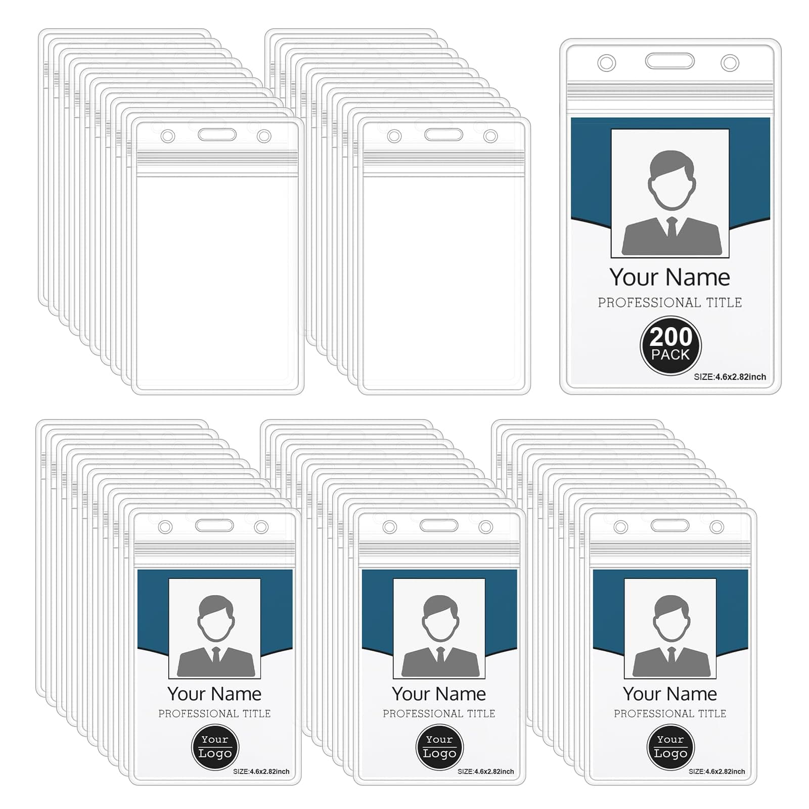 200 Pack ID Card Name Badge Holder Heavy Duty Waterproof Clear Plastic PVC Vertical Sleeve Pocket Resealable Zip Clear Cards Holders for Lanyard for Nurses, Office, and School