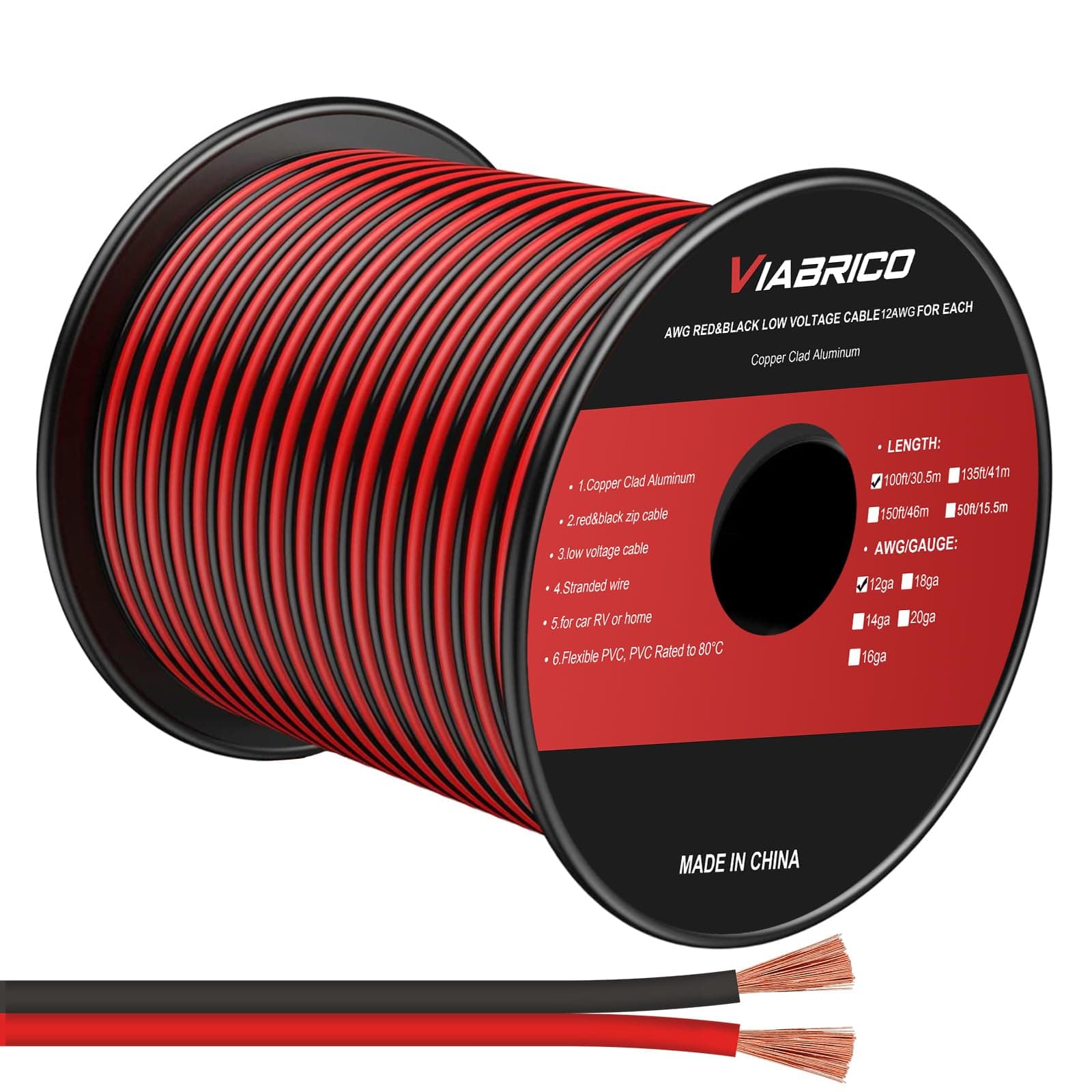 VIABRICO 12Gauge 100FT Electrical Wire Cable Flexible Wire Extension Cord 12AWG Copper Clad Aluminum Copper Wire 2 Conductors Red Black Parallel Wire line Hookup LED Lighting Strips 12V/24V DC Cable