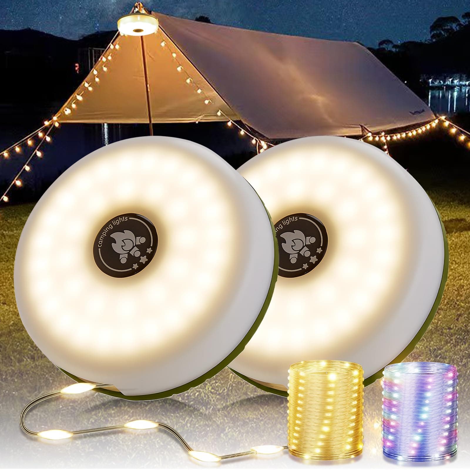 2-Pack Camping String Lights, 4 in 1 Portable Camping Light Rechargeable, 8 Lighting Modes, USB Charging, Quick Storage, 32.8FT Waterproof Tent Lights String for Camping, Hiking, Yard, Christmas