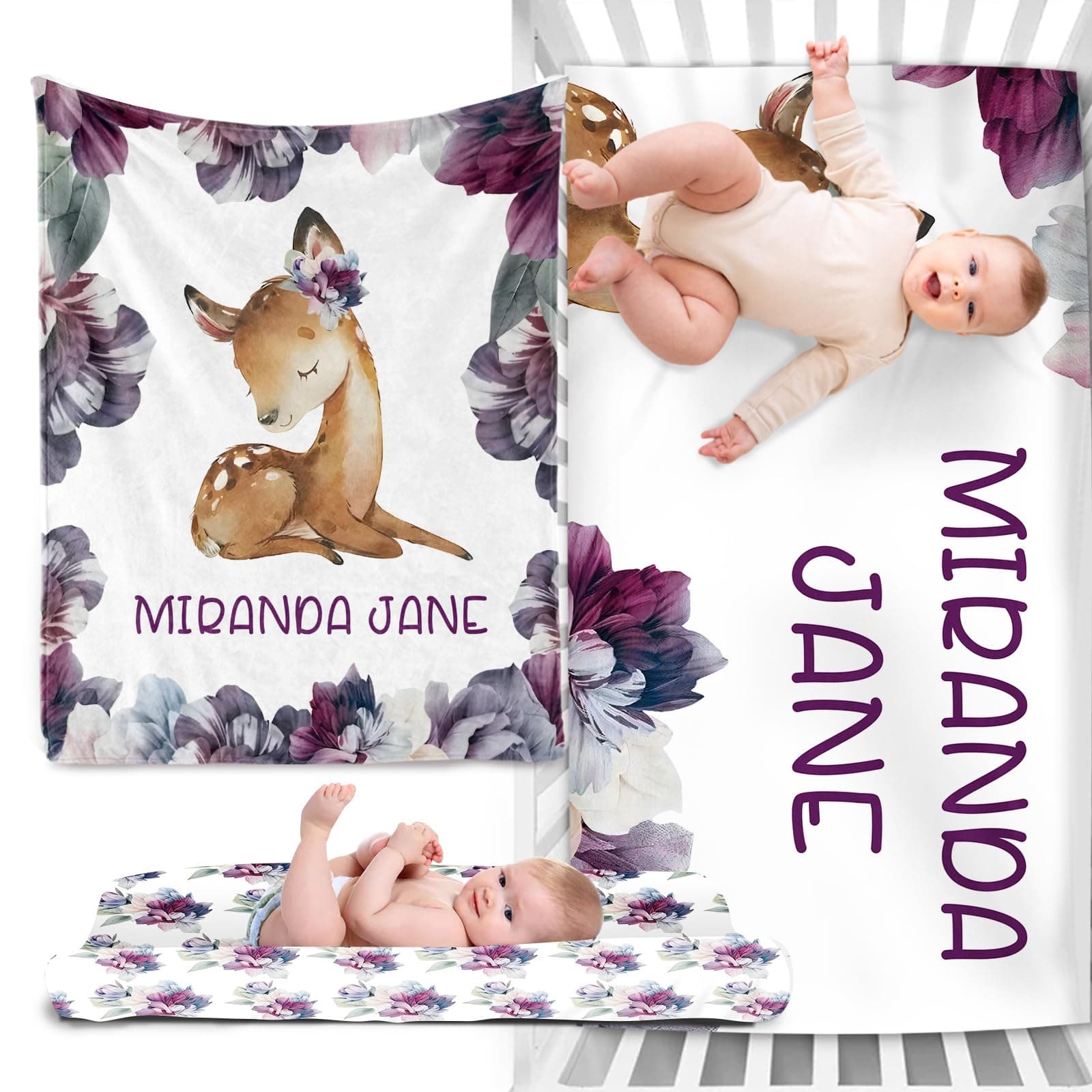 Custom Baby Crib Bedding Set - Comfortable 3 Piece Nursery Crib Set Cartoon Animals Design - Comfortable Personalized Name Blanket, Crib Sheet, Changing Pad Cover for Newborns Boys Girls Style T