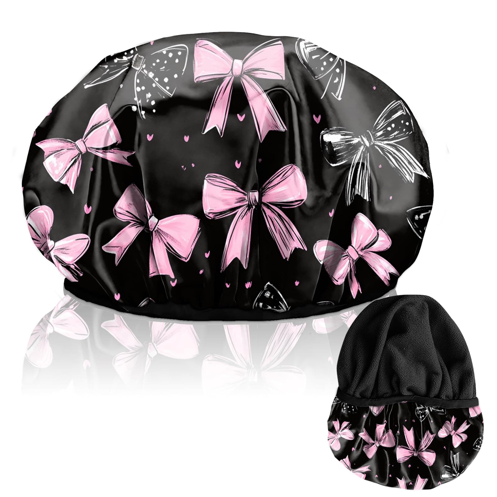 Cabreche Luxury Shower Cap Terry Lined Reusable Triple Layer Waterproof Hair Elastic Caps Shower Bath Hat for Women Girls Cute Aesthetic-Bowknot