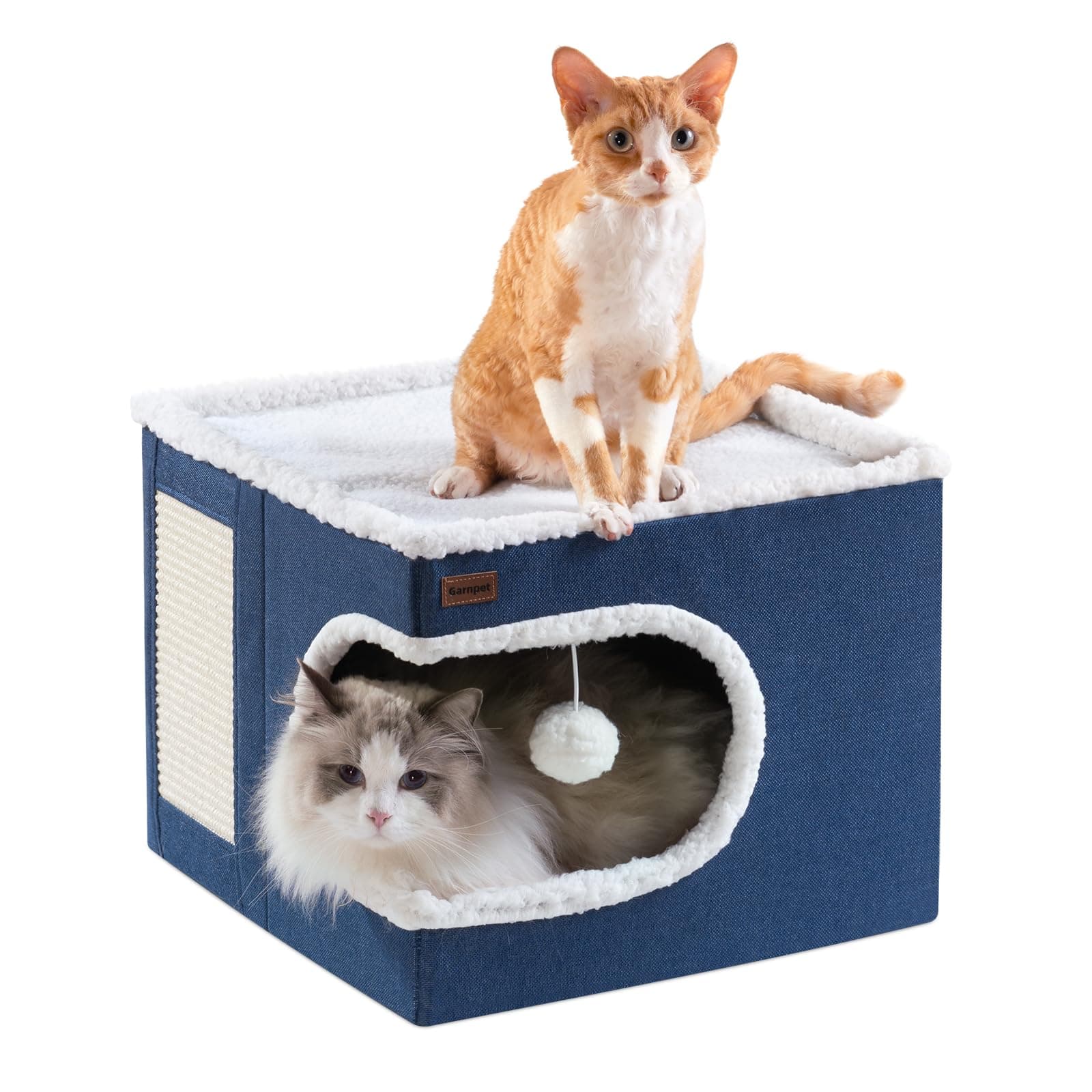 Garnpet Cat Bed for Indoor Cats Cube House, Covered Cat Cave Beds & Furniture with Scratch Pad and Hideaway Tent, Cute Modern Cat Condo for Multi Small Pet Large Kitten Kitty, Navy