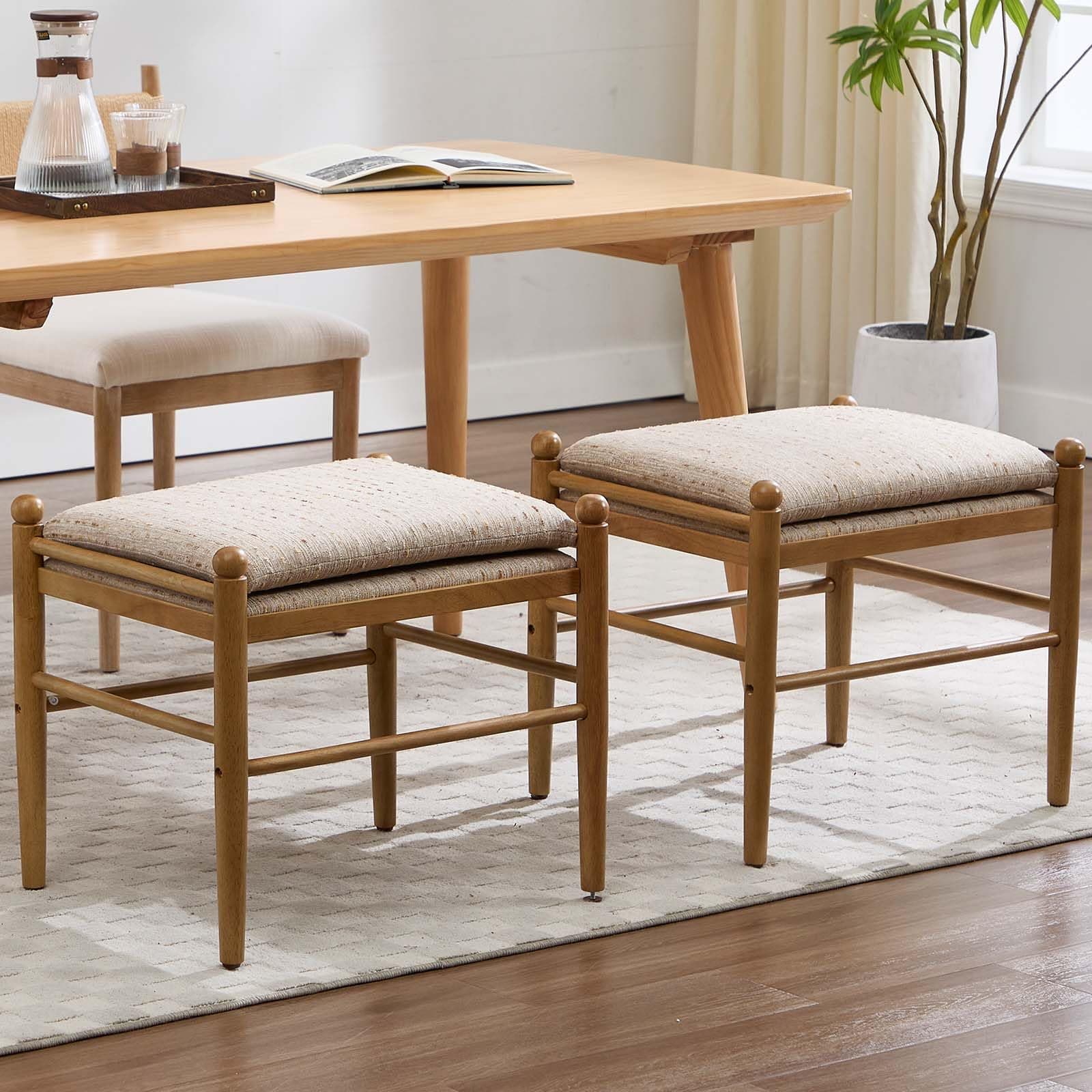 Kmax Ottoman Bench Set of 2, 19 Inch Tall Vanity Chairs No Wheels, Upholstered Ktichen Chairs Backless Wooden Side Chairs for Dining Room, Extra Seating for Living Room - Linen, Yellow Stripe