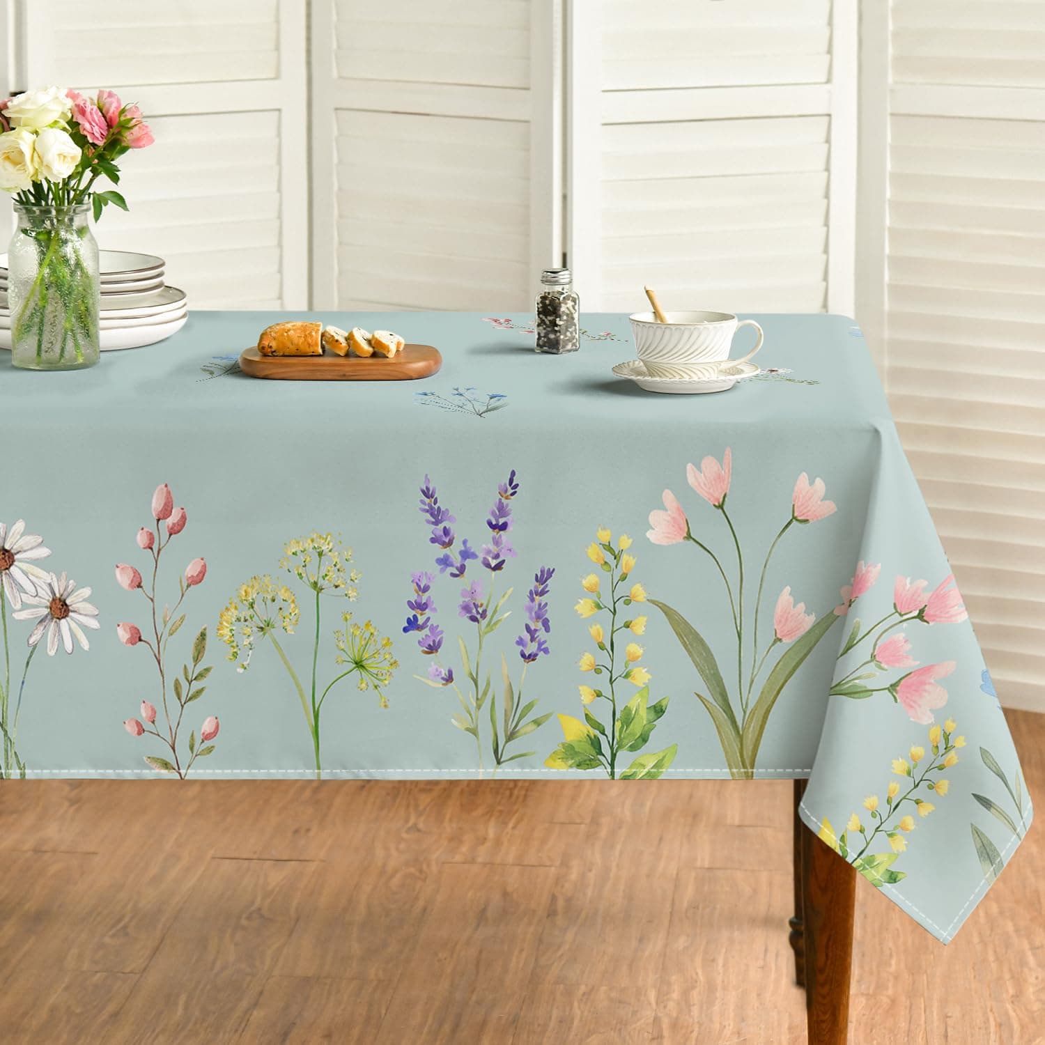 Horaldaily Spring Tablecloth 52×70 Inch Rectangular, Watercolor Wild Flowers Blooming Floral Green Washable Seasonal Table Cover for Party Picnic Dinner Decor