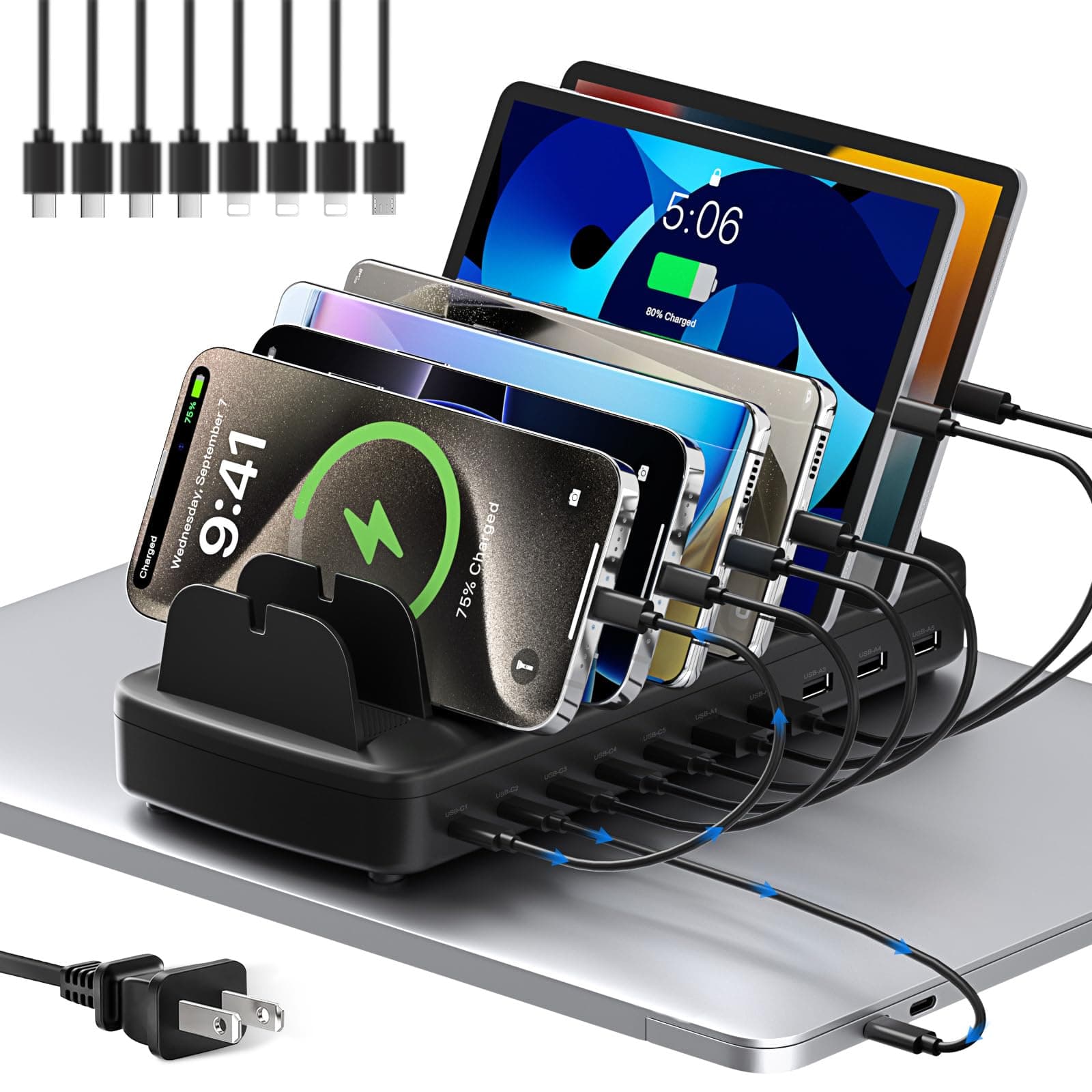 510W Fast Charging Station for Multiple Devices, 10 Port USB C Charger Station with Flame-Retardant Material & 8 Cables for iPhone, Android, iPad, Tablets, Office Desk Charging Dock Organizer-Black