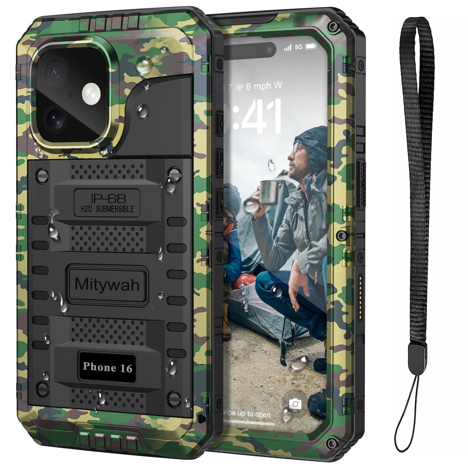Mitywah Waterproof Case for iPhone 16, Heavy Duty Military Grade Metal Case, Shockproof Rugged Case with Built-in Screen Protector, Underwater Full Body Protective Case for iPhone 16 6.1" Camouflage