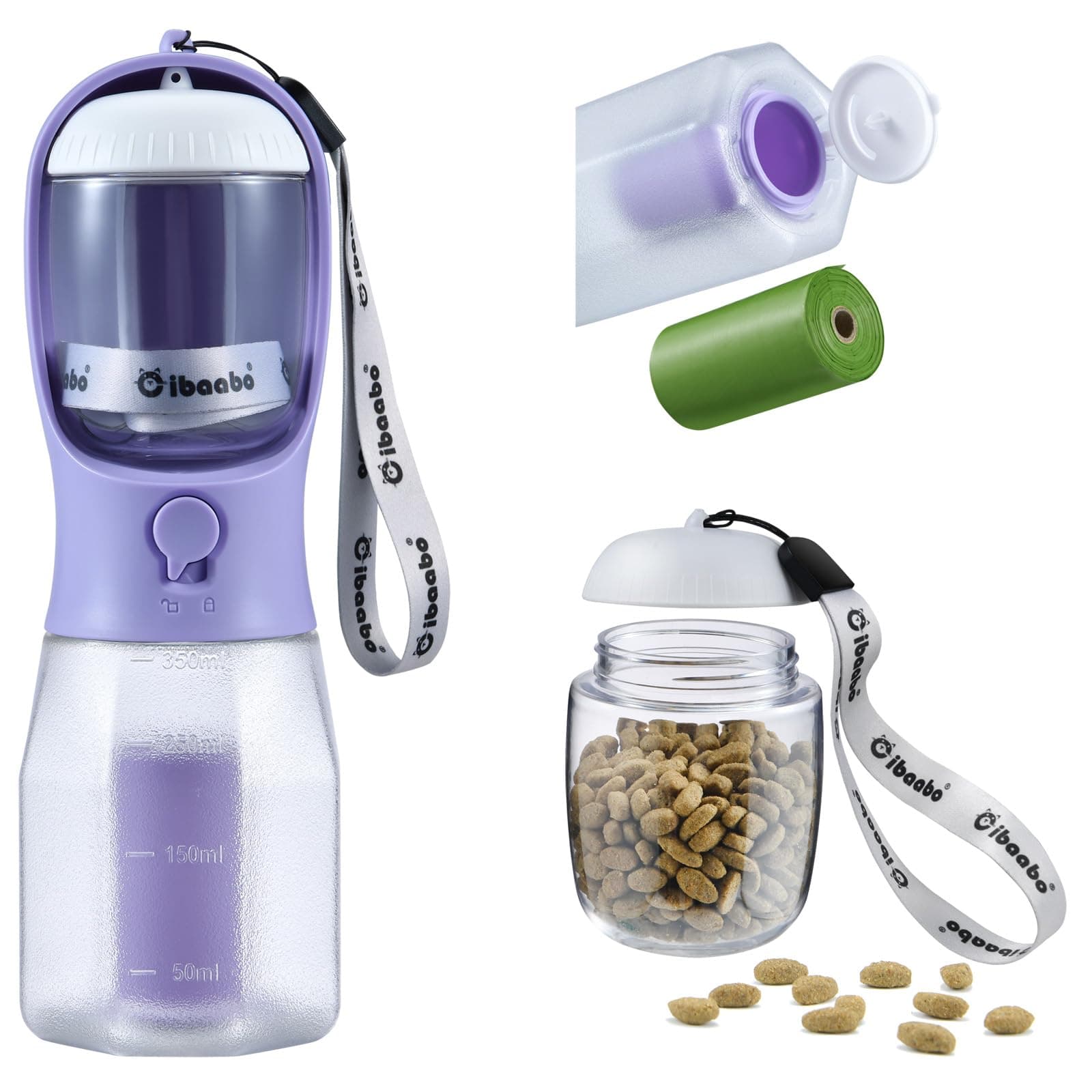 Cibaabo Dog Water Bottle with Food Container & Poop Bag Holder, Travel Water Bowl, Portable Pet Dispenser, Dog Stuff Accessories Items, Puppy Essentials Necessities for Yorkie Chihuahua Walking Hiking