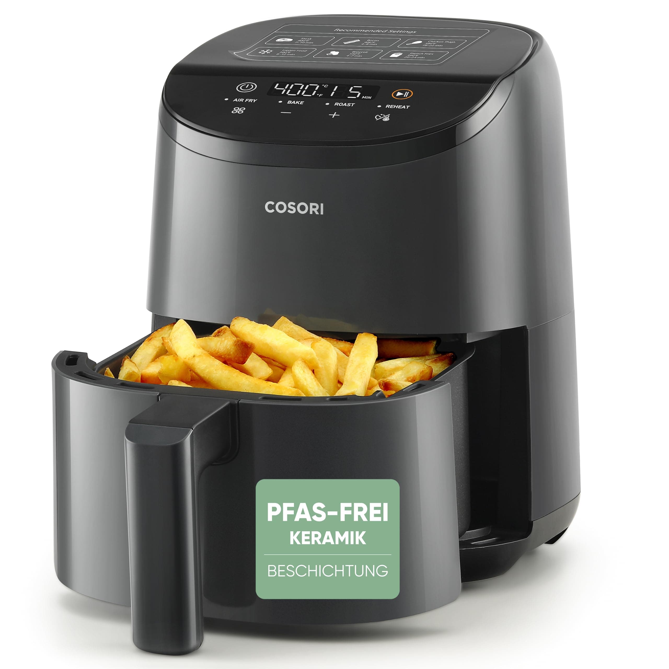 COSORI Heißluftfritteuse klein 2L, Mini-Airfryer für 1 Person, ideal für Camping, Reisen und Wohnmobile, schnell, kompakt, ohne Öl, energiesparend, Helles Schwarz, Dunkelgrau