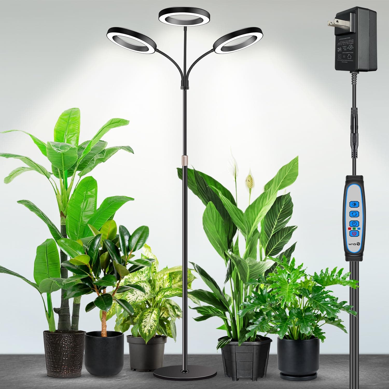 Garpsen Floor Grow Light, 3 Head Full Spectrum with Base, for Large Plants