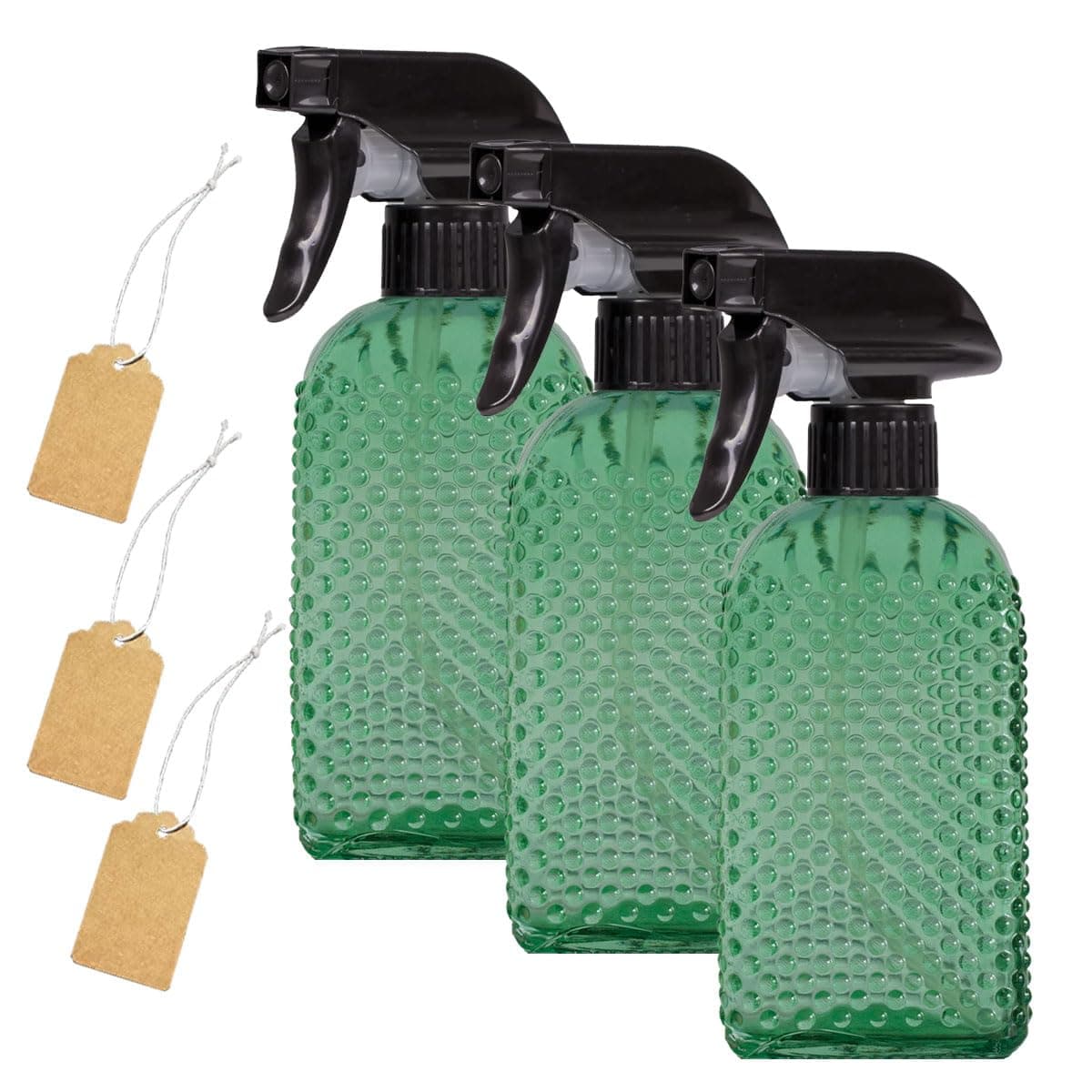 16oz Glass Spray Bottles,Handheld Pressure Spray Bottles,Adjustable Nozzle(Spray,Stream),Reusable Container (3 PCS, Green)