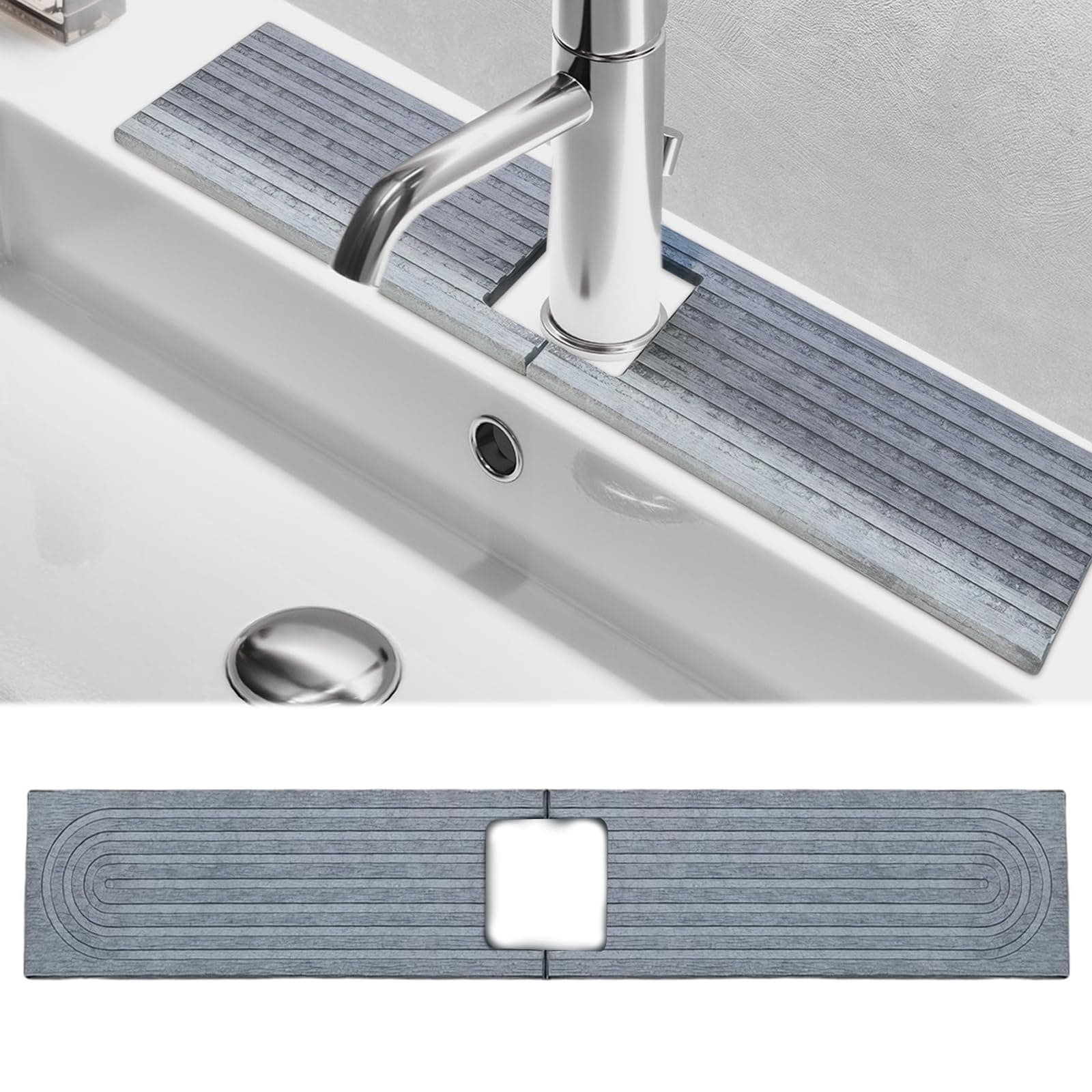 Faucet Mat for Kitchen Sink, Stone Faucet Mat for Kitchen Sink Tray 17.71*3.94*0.35in Square Hole Prevents Moisture Buildup Suitable for Bathroom Countertop Faucet Around Sink Light Gray