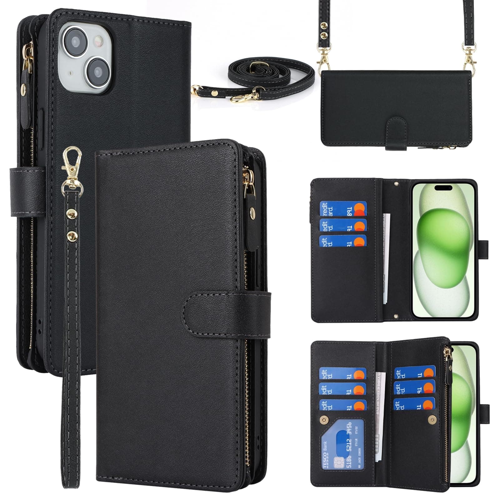 Crossbody Wallet for iPhone 15 Plus/14 Plus Case with Strap,6.7",Black