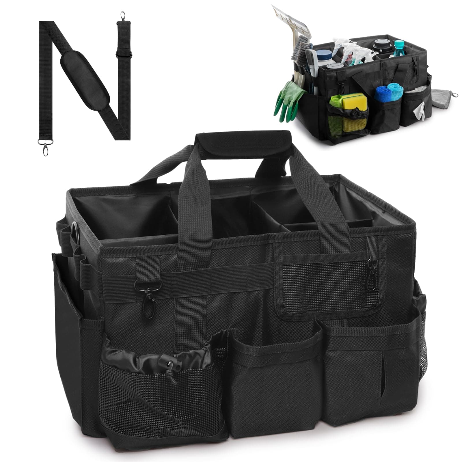 Large Cleaning Caddy Bags, Cleaning Supplies Organizer with Handle & Adjustable Shoulder Straps, 14.7-inch Black Tool Bag, Cleaning Bags for Housekeepers, Cleaners, Gifts