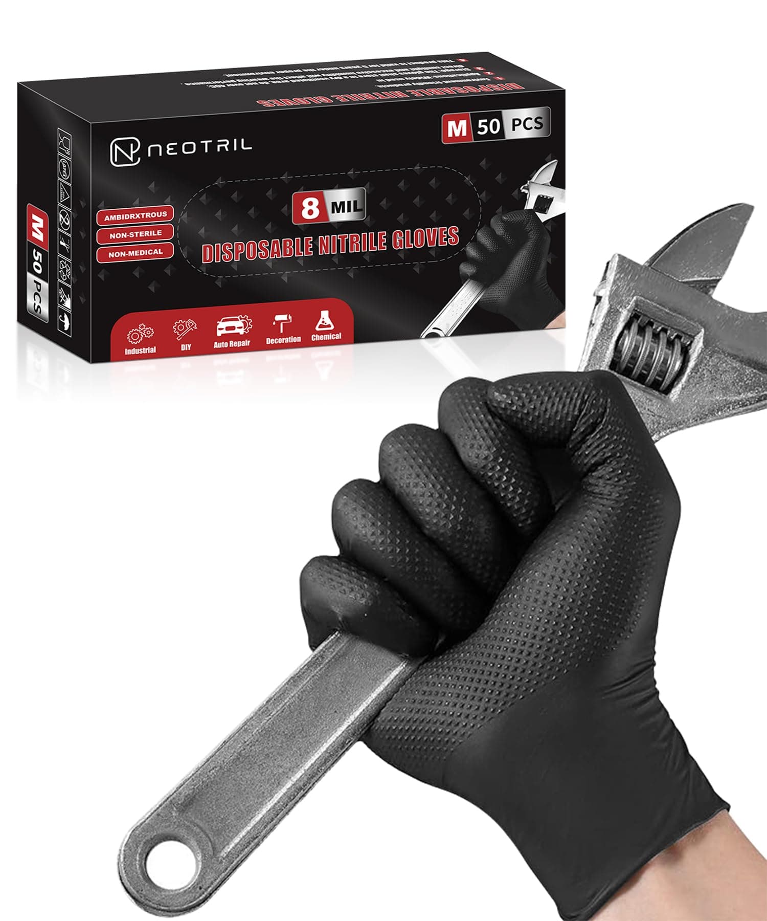 NEOTRIL 8 Mil Heavy Duty Non-Sterile Disposable Nitrile Gloves with Raised Diamond Texture Grip Rubber Gloves, Latex-Free Powder-Free, Mechanic Gloves for Housework, Black | 50 Pcs