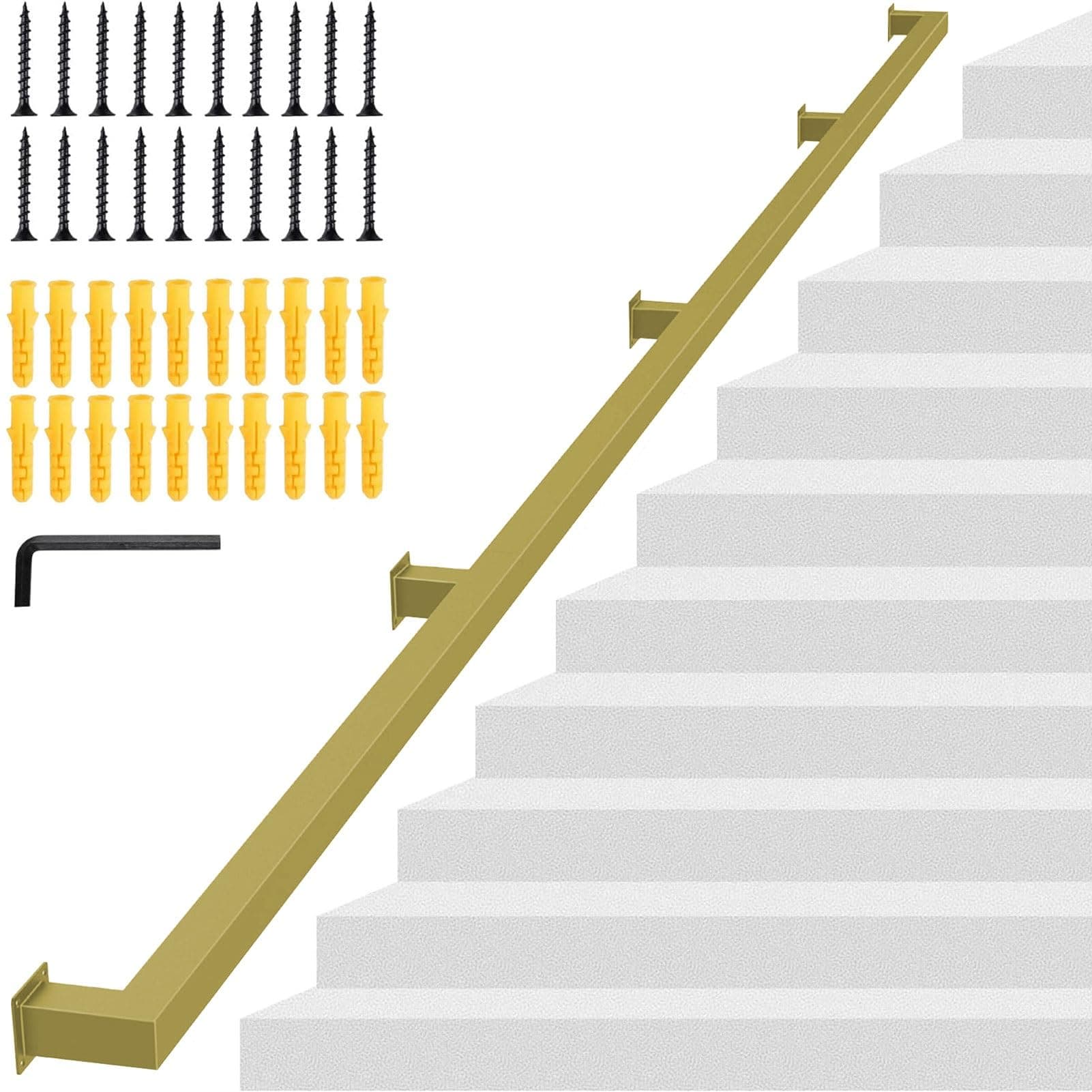 1FT-20FT Metal Stair Handrail, Gold Square Pipe Railing Wall Mounted Balustrade Hand Rails for Indoor and Outdoor Stair Railings Safety Grab Bar (Size : 450cm/15ft)