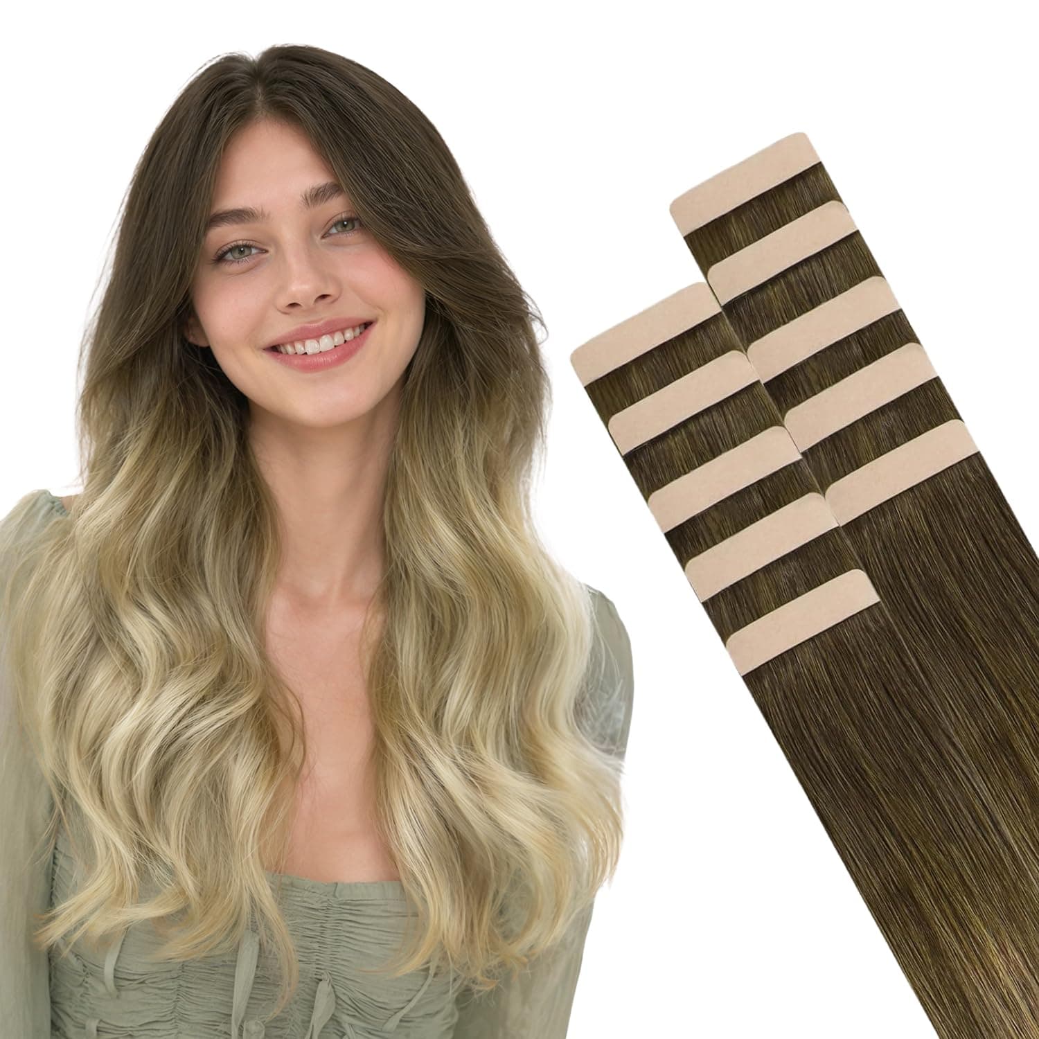 HOTBANANA Tape in Hair Extensions, 14 Inch 10pcs 25g Walnut Brown to Ash Brown and Bleach Blonde Balayage Straight Human Hair Tape Extensions