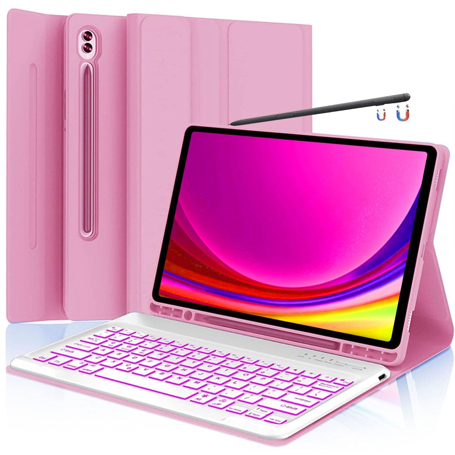 Keyboard Case for Samsung Galaxy Tab S10+ Plus/S9 Plus S9 FE+/S8 Plus S8+/S7 Plus S7+ S7 FE 12.4 Inch, Backlit Keyboard case with Pen Holder, Pink