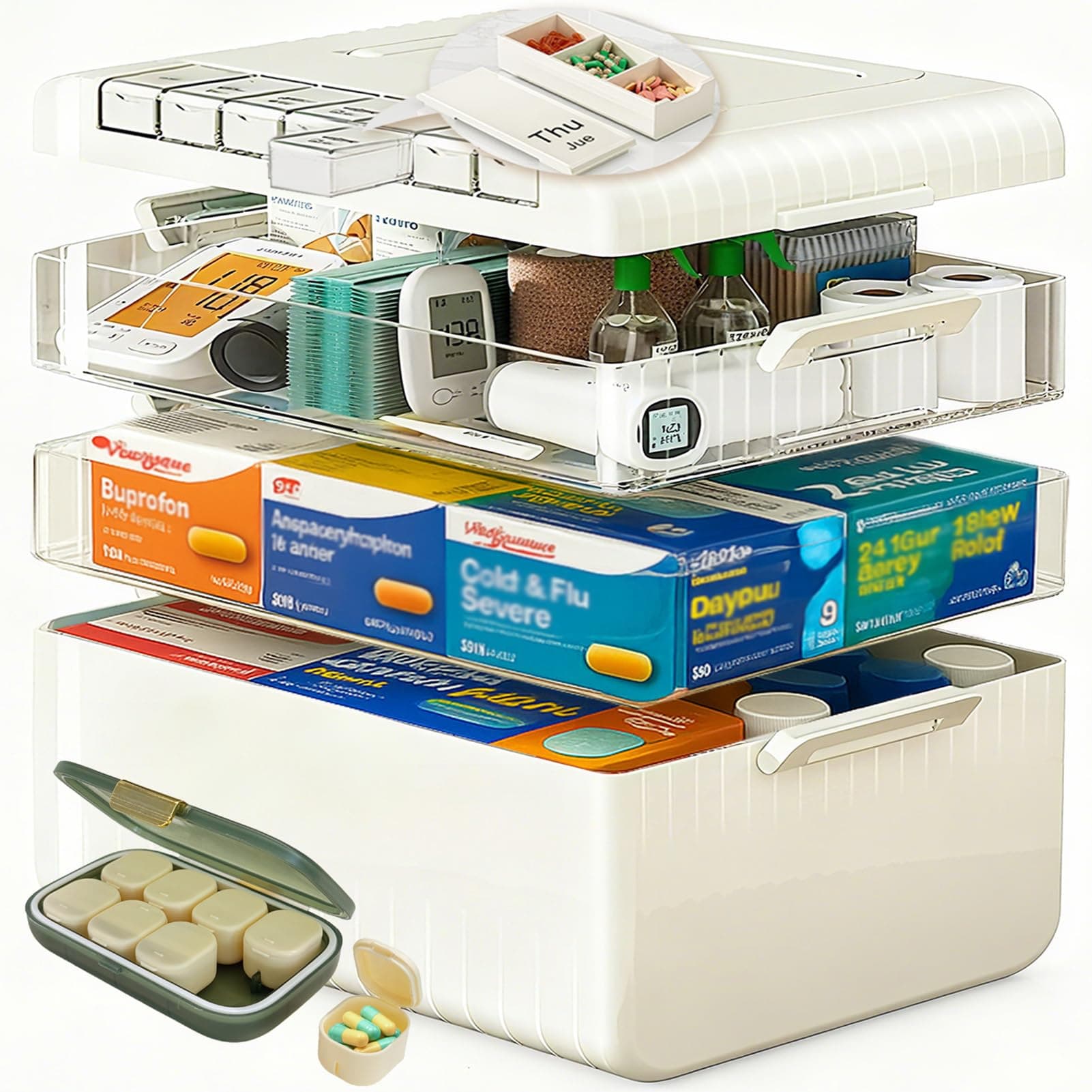 Dizaolive Large Medicine Cabinet Pill Organizer 3 Tier First Aid Storage with Foldable Handle for Household Essentials Emergency Use