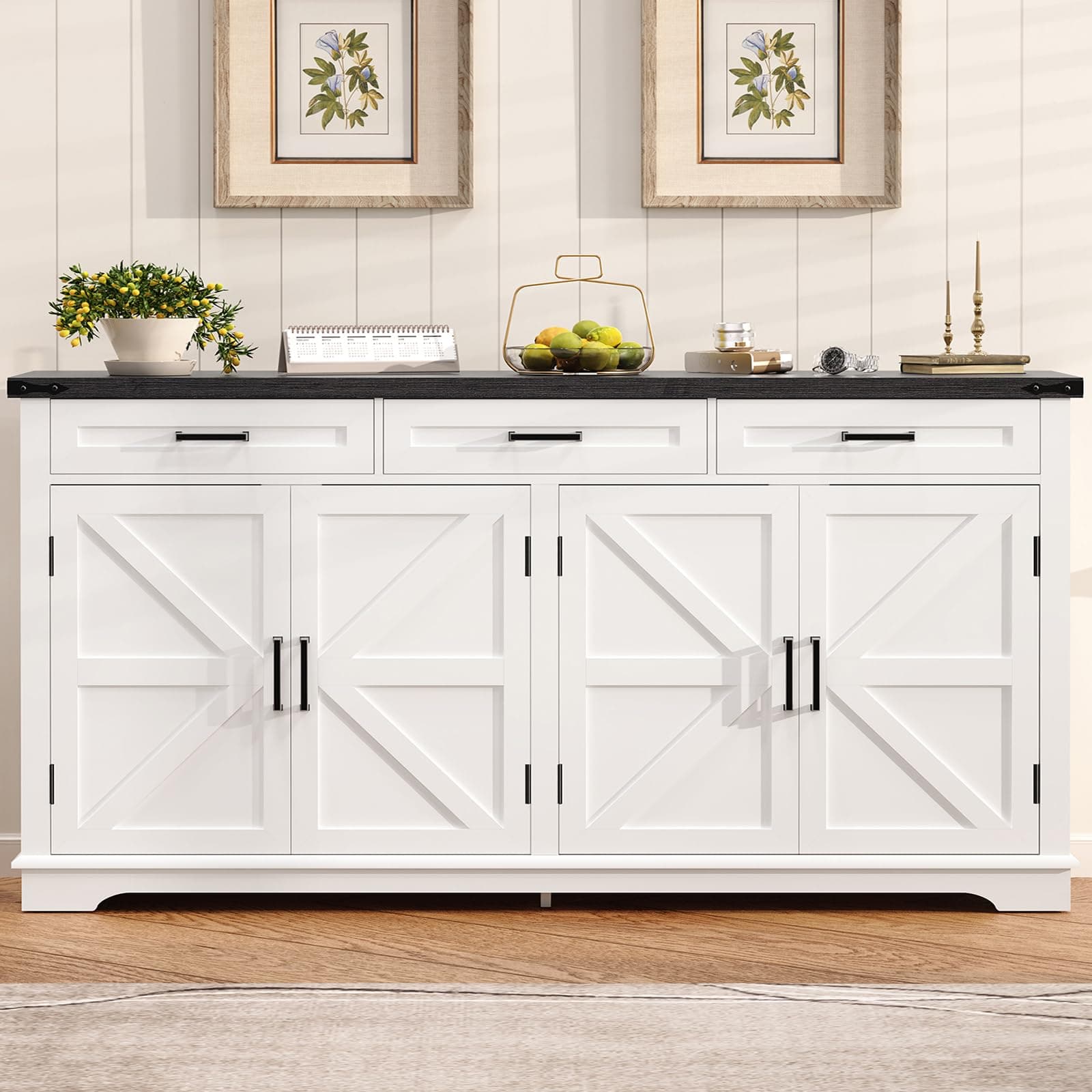 FIONESO 61" W Buffet Cabinet with 3 Large Drawers & 2 Adjustable Shelves, Farmhouse Sideboard Cabinet, Coffee Bar, TV Stand, for Kitchen, Living Room, White,40×155×80CM
