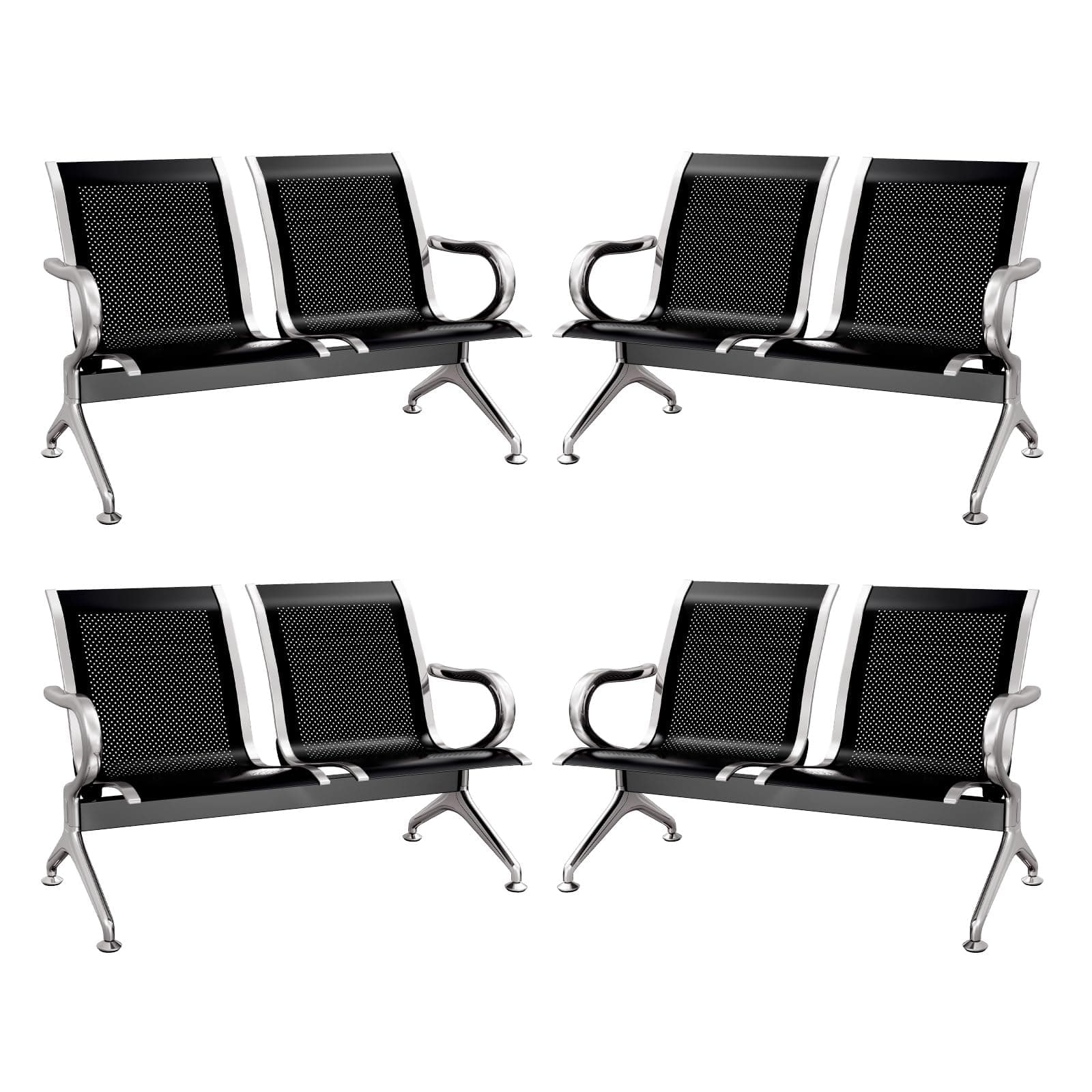 kinbor Waiting Room Bench - 2 Seat Waiting Room Chair, Set of 4 Airport Guest Reception Chairs Barber Waiting Bench with Armrests for Hospital Bank Salon Barber Office Waiting Area, Black