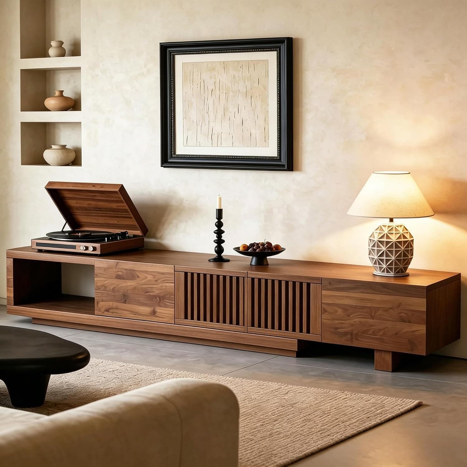 78.54–103” Mid-Century Modern Walnut TV Stand, Extendable Media Console with Slatted Door Design, Featuring Drawers and Open Shelves, Suitable for Living Room and Bedroom
