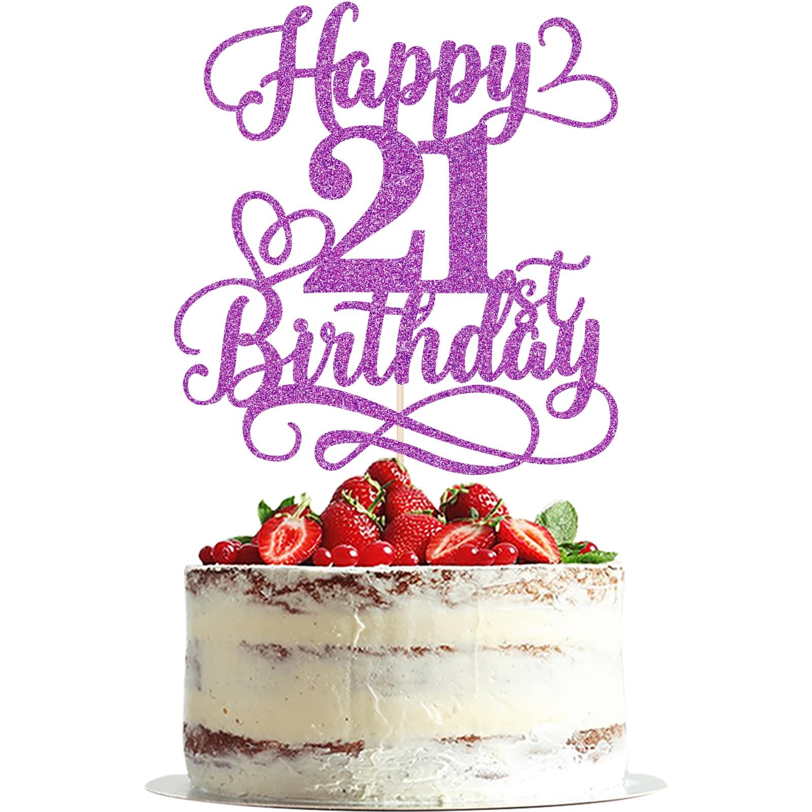 Dxsdgetue Purple Glitter Happy 21st Birthday Cake Topper- Cheers to 21 Years Cake Topper, 21st Birthday/Anniversary Party Cake Decorations Supplies