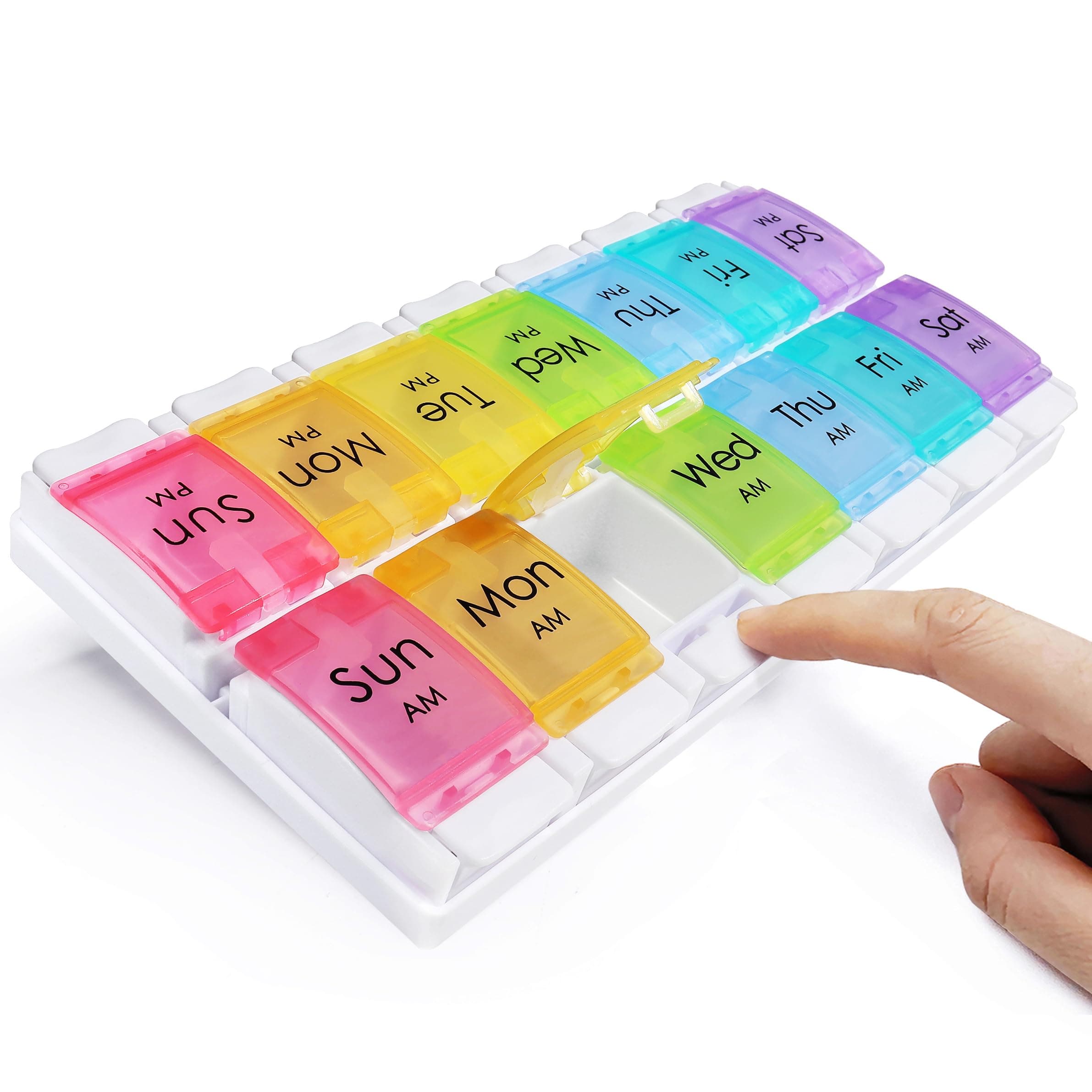 MOLN HYMY 7 Day Pill Organiser AM PM 2 Times a Day, Large Capacity Weekly Pill Box Twice Daily, Morning and Evening Pill Case 14 Dividers BPA-Free Medicine Organiser with Easy Push Button (Rainbow)