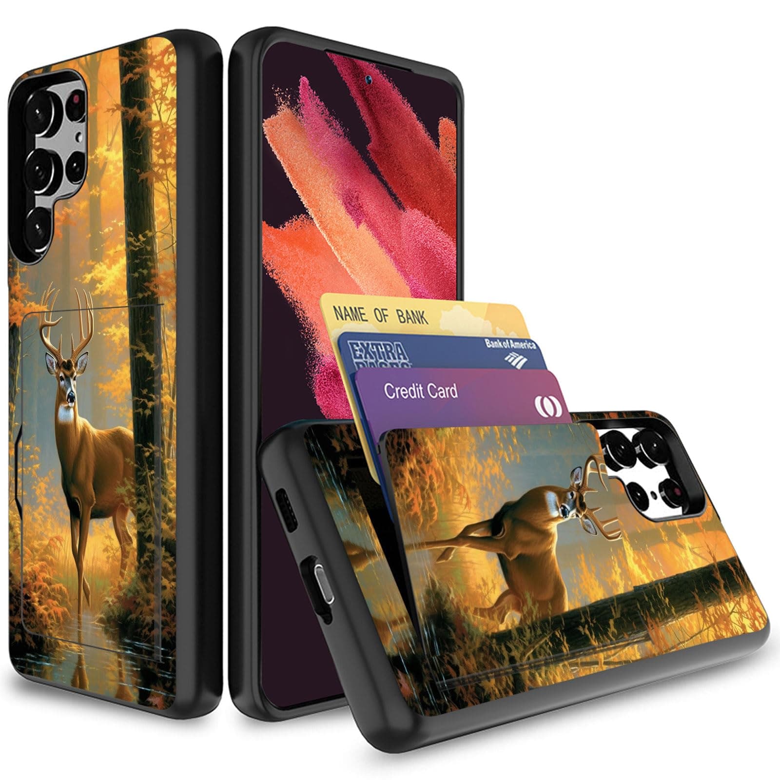JHYYTUJTYP for Galaxy S23 Ultra Case with Card Holder,Heavy Duty Protective Dual Layer Shockproof Hidden Card Slot Wallet Case for Samsung Galaxy S23 Ultra 6.8”,Forest Deer