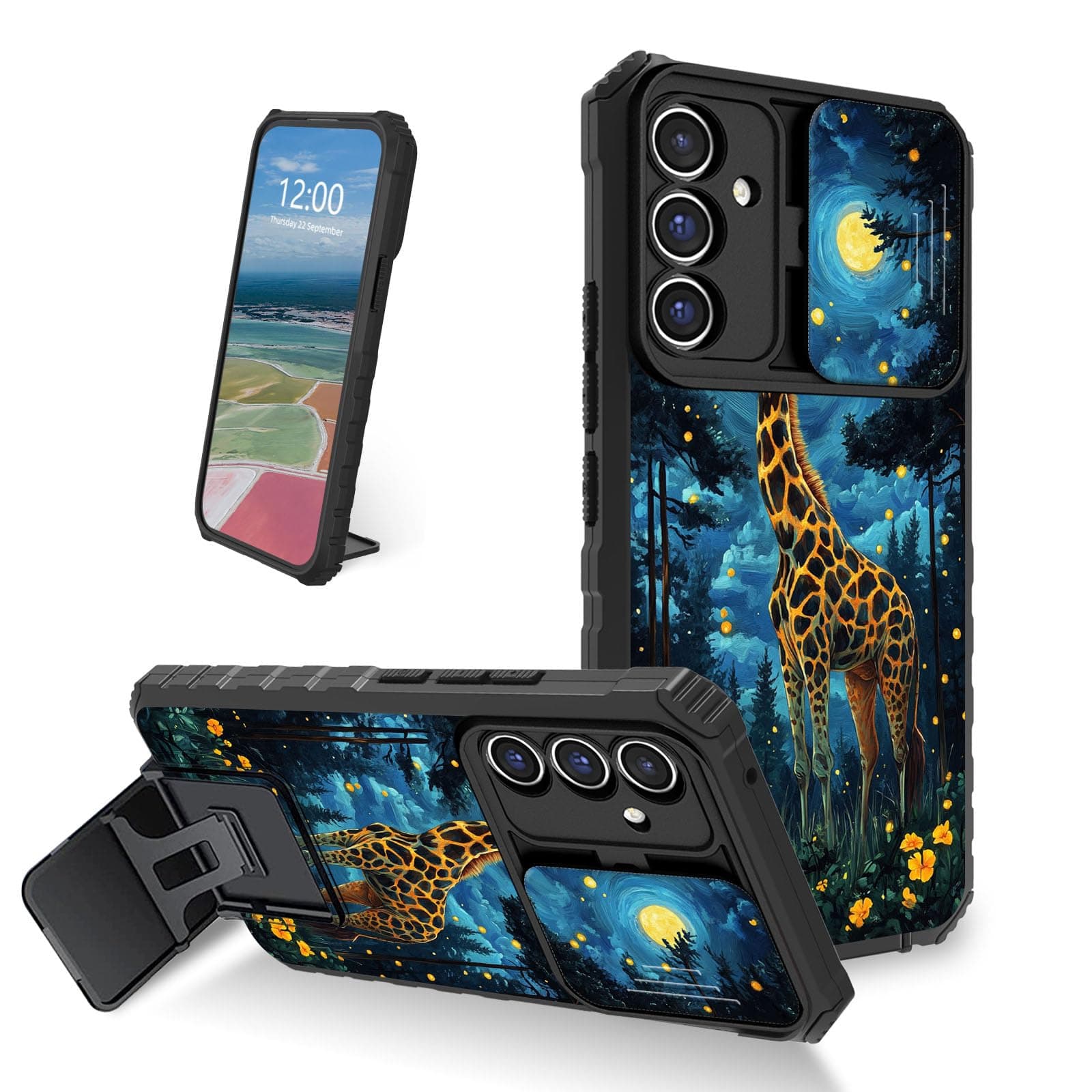 FXIANGWL for Samsung Galaxy S24 Plus/S25 Plus with Slide Protection Camera Cover and Built in Phone Holder, Double Shockproof Protective Phone Case for S24 Plus/S25 Plus, Moonlit Giraffe