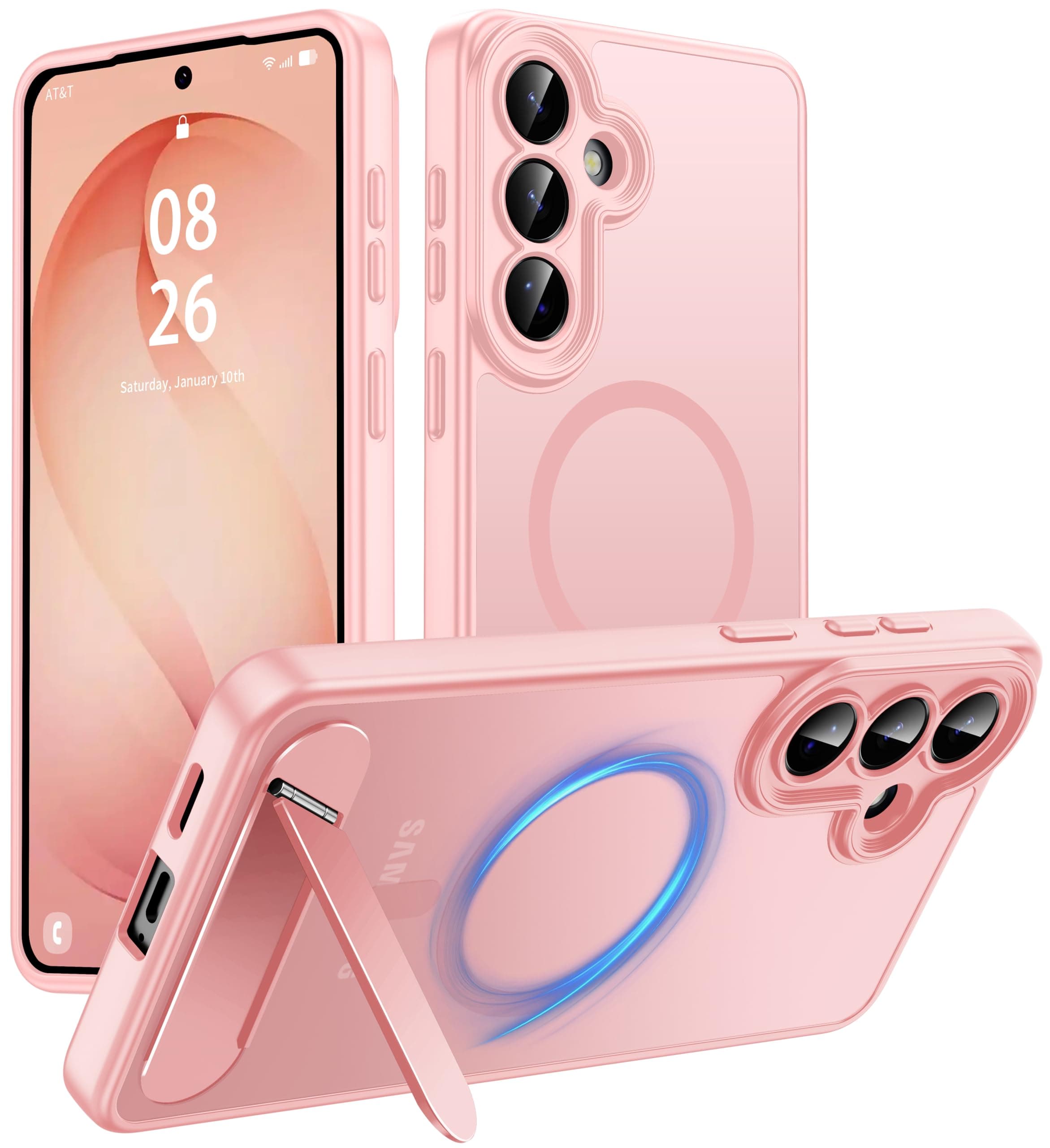 AMILIFECASES Magnetic for Samsung Galaxy S26+ Plus Case, [Compatible with MagSafe][Full Camera Protection][Built-in Invisible Kickstand] Translucent Matte Phone Case for S26 Plus 6.7" - Pink