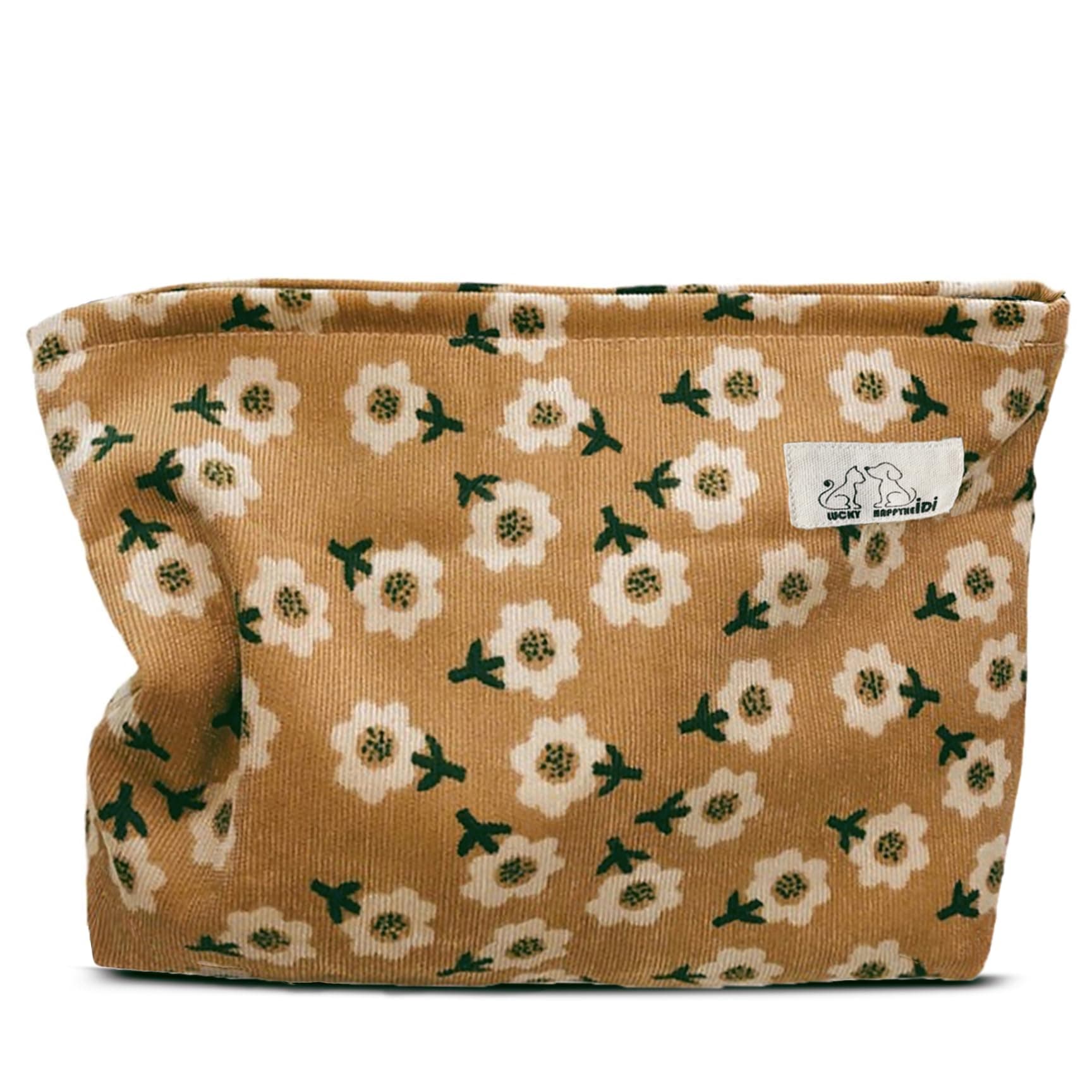 HAPPYHEIDI Aesthetic Makeup Bag Cosmetic Toiletry Travel Zipper Pouch, Canvas Lined, Purse Organizer, 001 SX142-03 Khaki Floral Corduroy, Small, Floral Corduroy Canvas Lined Flexible Fabric Makeup Bag