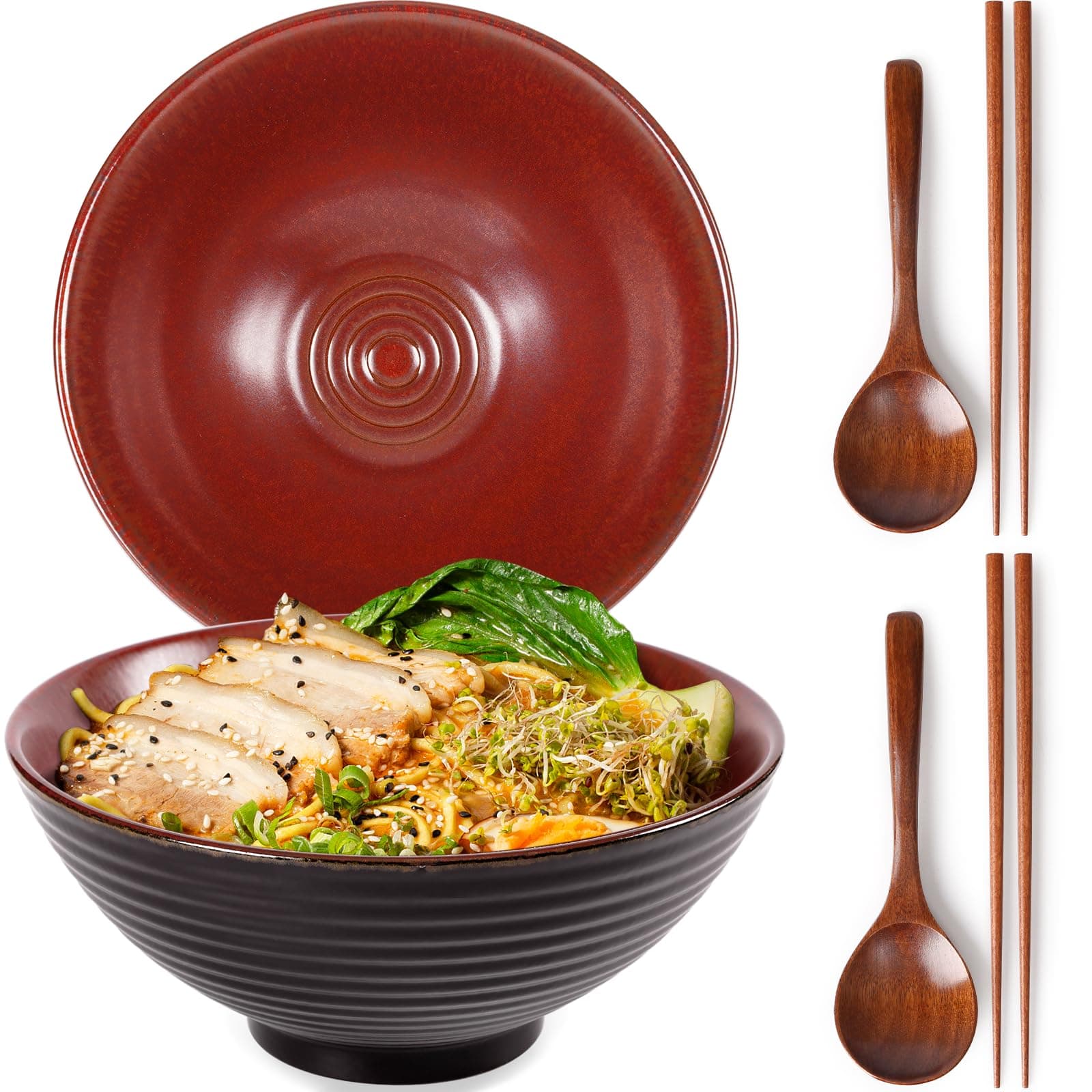 NUTRIUPS 7.8 Inch Ceramic Ramen Bowl Set of 2 Pho Bowls Japanese Noodle Udon Soup Bowls with Spoons and Chopsticks (Agate Red), LARGE, TCLMW01
