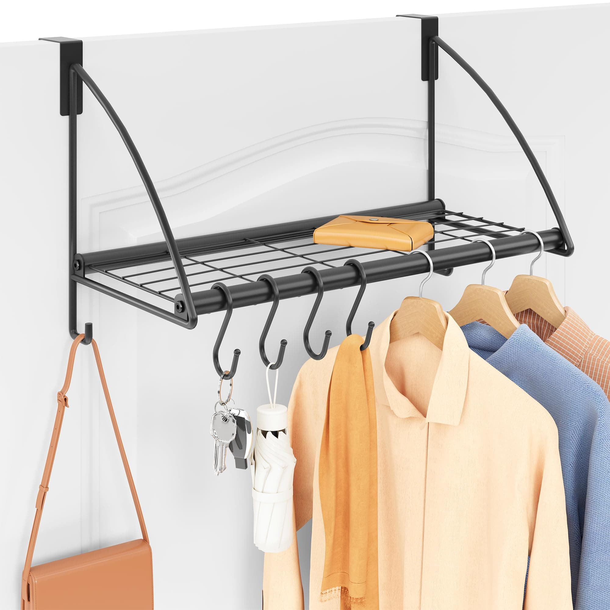 Tajsoon Over the Door Hanger with Storage Rack and 6 Hooks, Black