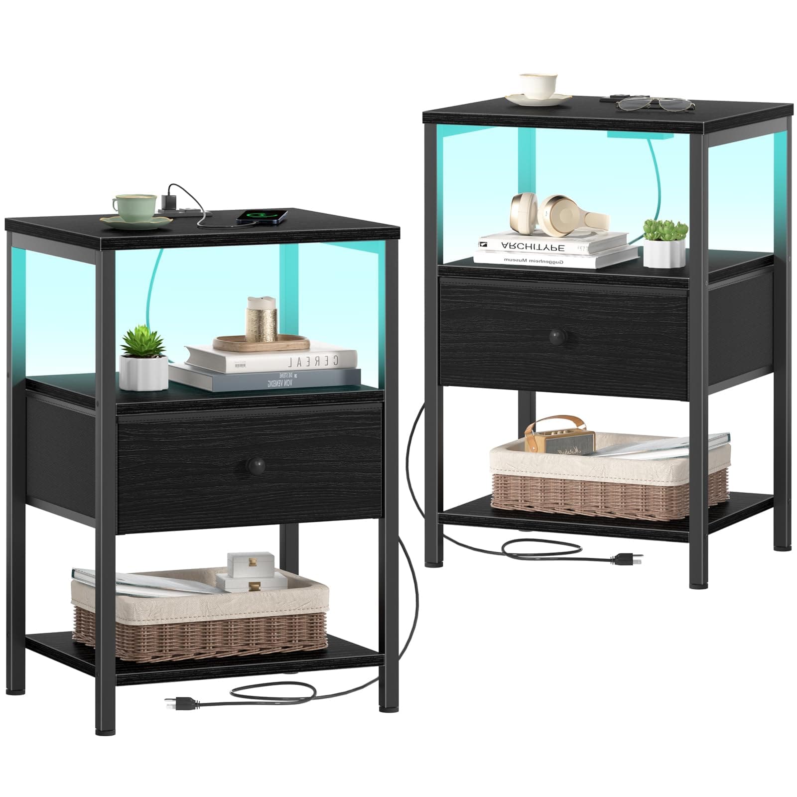 BOLUO Black Nightstands Set of 2, Bedroom Night Stand Set Two Nightstand with Charging Station and LED Light, Bedside Table with Fabric Drawer Modern