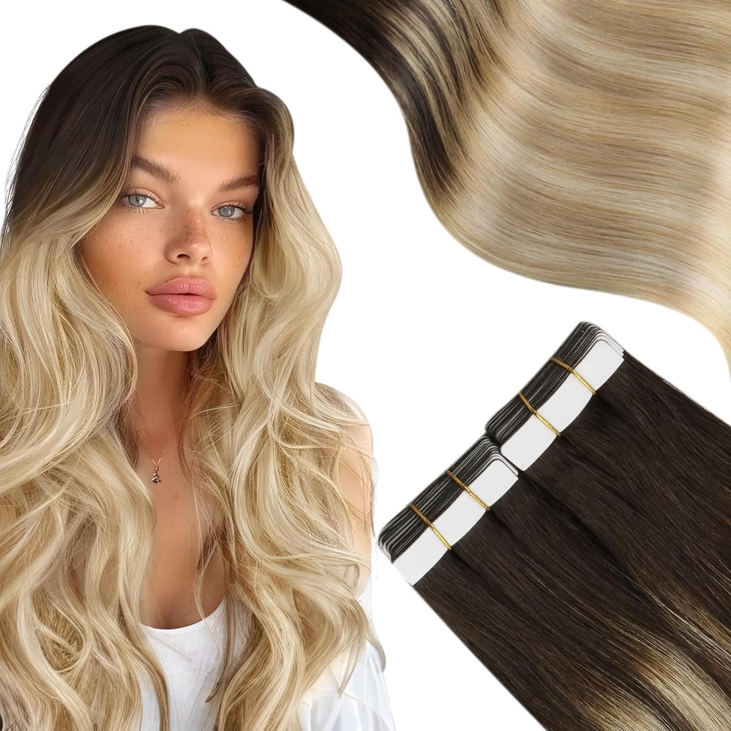 Moresoo Tape in Hair Extensions 20 Inch Real Human Hair Balayage Hair Extensions Tape in #2/27/613 Brown to Caramel Blonde with Blonde Glue on Real Remy Hair 100g Double Sided Seamless Tape ins 40pcs