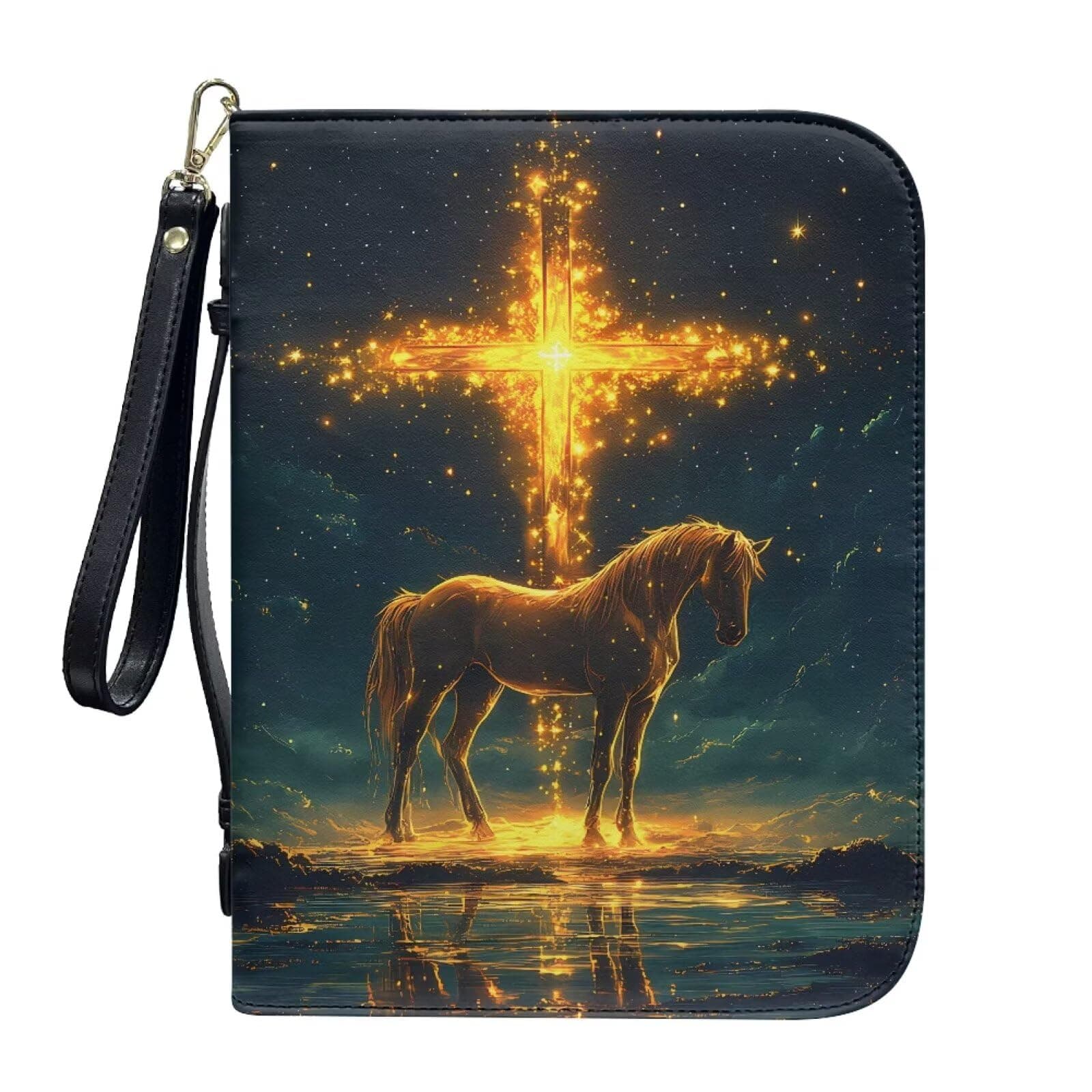 Ctsgobvahy Bible Cover, Carrying Book Case Church Bag Bible Protective with Handle and Zippered Pocket, Christian Gifts for Women Men Size L/XL/2XL, Horse and Cross-2