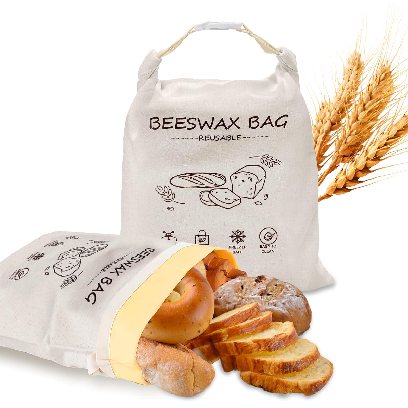 Reusable Organic Cotton Bread Bag, 2 Pack Beeswax Container with Zipper, Baguette Bag with Liner for Homemade Sourdough Bakery, Sustainable Kitchen Baking Supplies, Freezer Safe(13x17in)