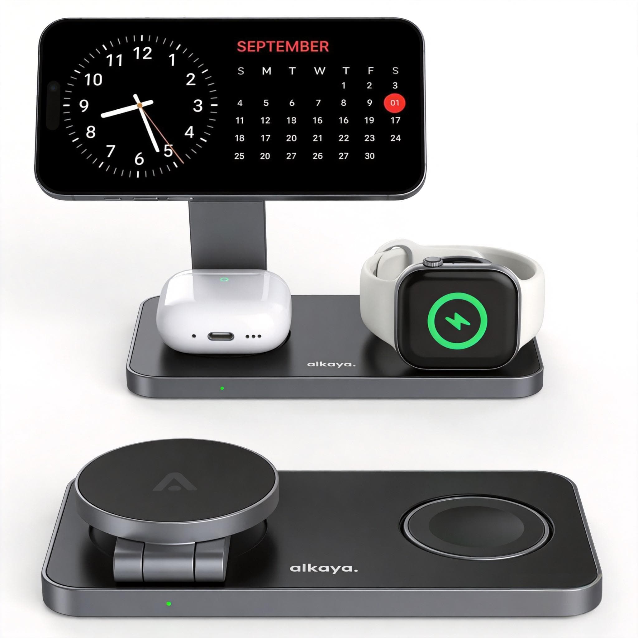 Alkaya 3-in-1 Qi2 Wireless Charging Station 25 W, Black, Metal Charging Stand with Magnetic Alignment, Foldable & Portable, for iPhone 12-17/Apple Watch/AirPods, Quiet Cooling & Safety Protection